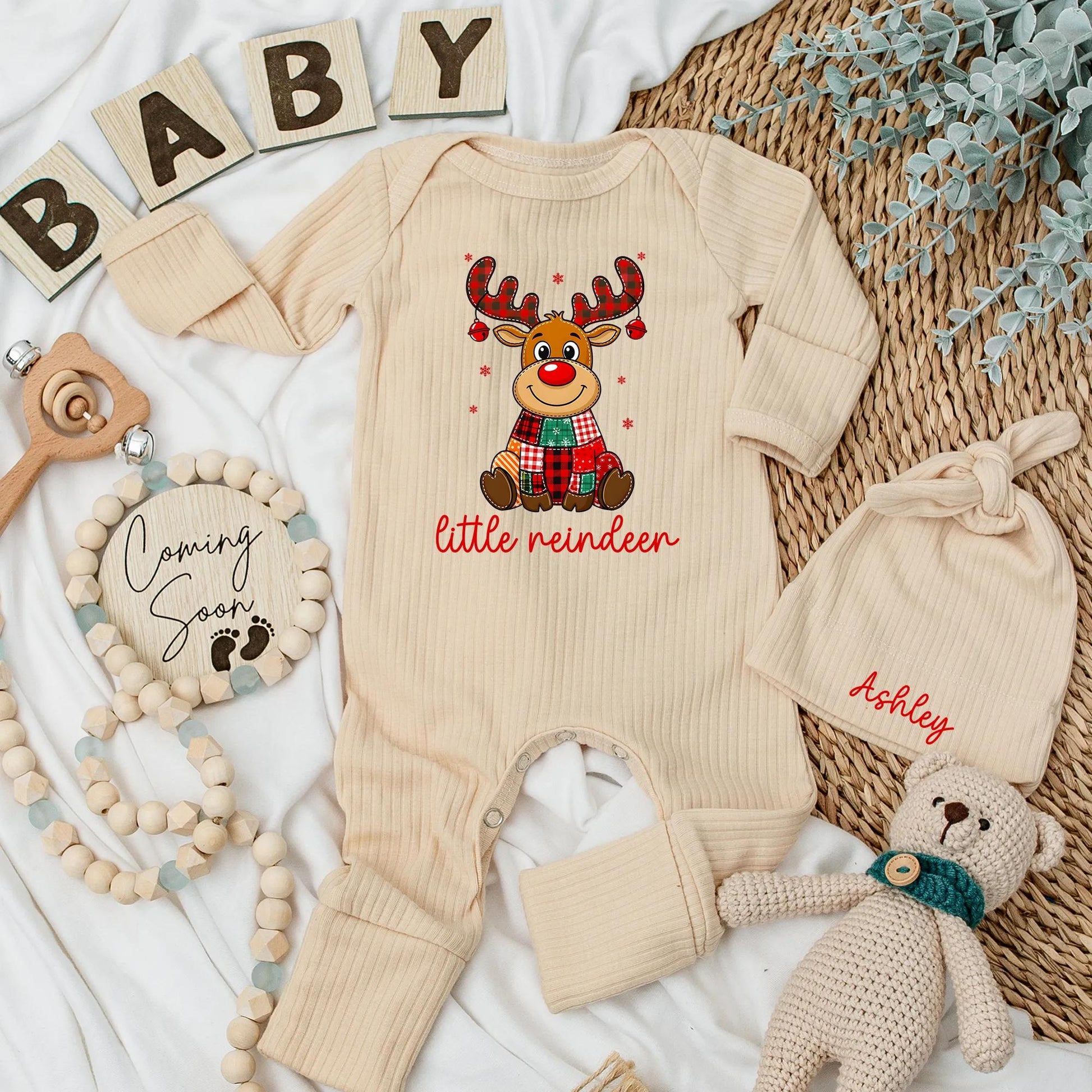 Personalized Little Reindeer Bodysuit, My 1st Christmas Outfit, Buffalo Plaid Newborn Clothes, Festive Holiday Baby Shower Gift, Custom Name 