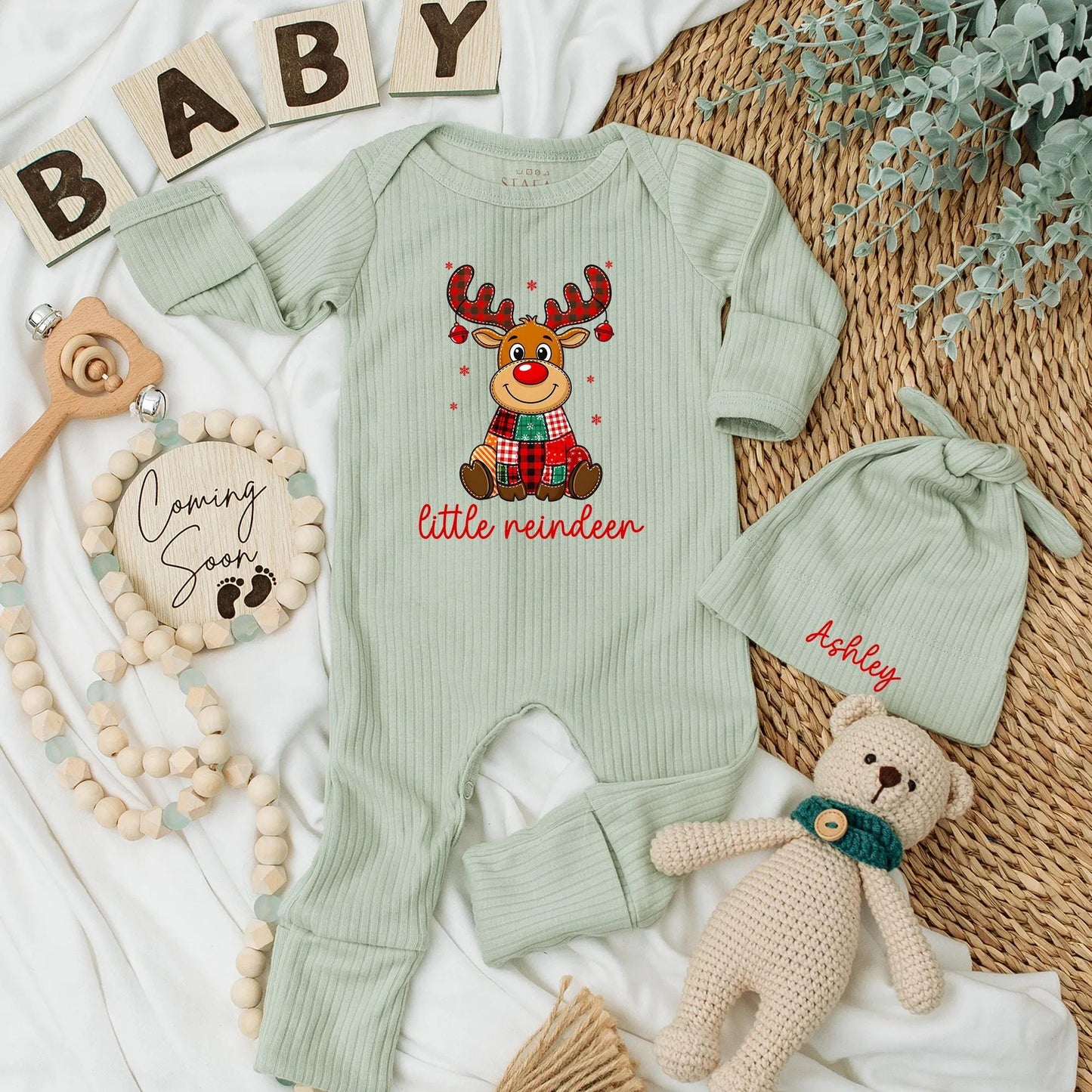 Personalized Little Reindeer Bodysuit, My 1st Christmas Outfit, Buffalo Plaid Newborn Clothes, Festive Holiday Baby Shower Gift, Custom Name 