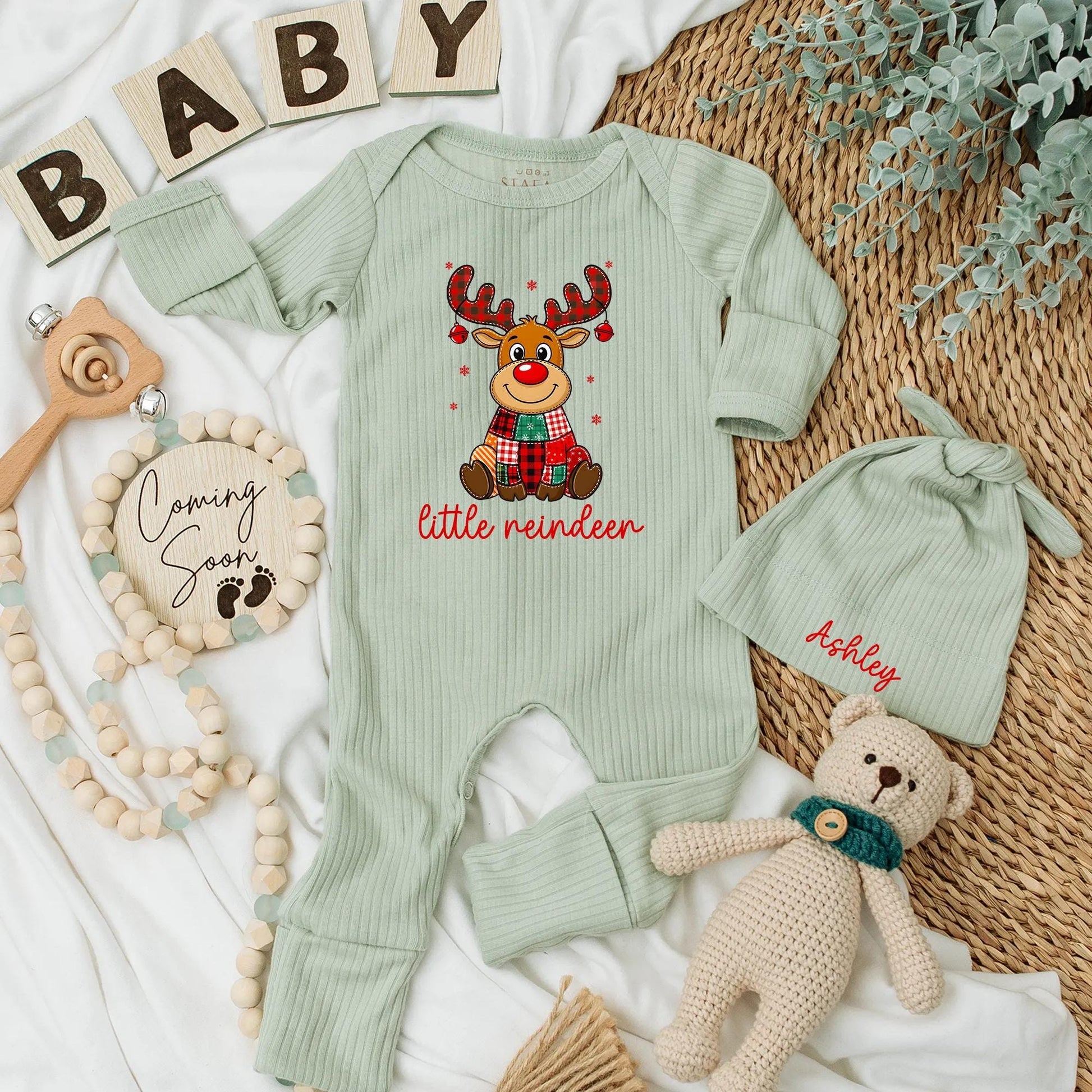 Personalized Little Reindeer Bodysuit, My 1st Christmas Outfit, Buffalo Plaid Newborn Clothes, Festive Holiday Baby Shower Gift, Custom Name 