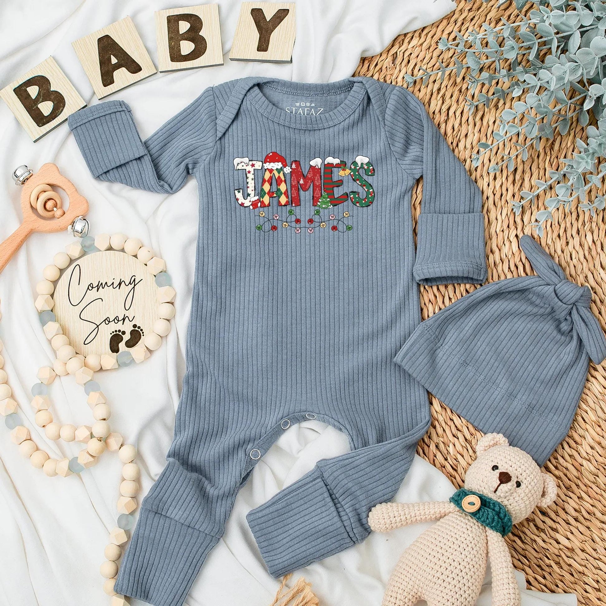 Personalized JAMES Christmas Lights Baby Bodysuit: Festive Holiday Newborn Outfit, Custom Name Xmas Romper, Gender Neutral Baby Shower Gift (Red/Green)