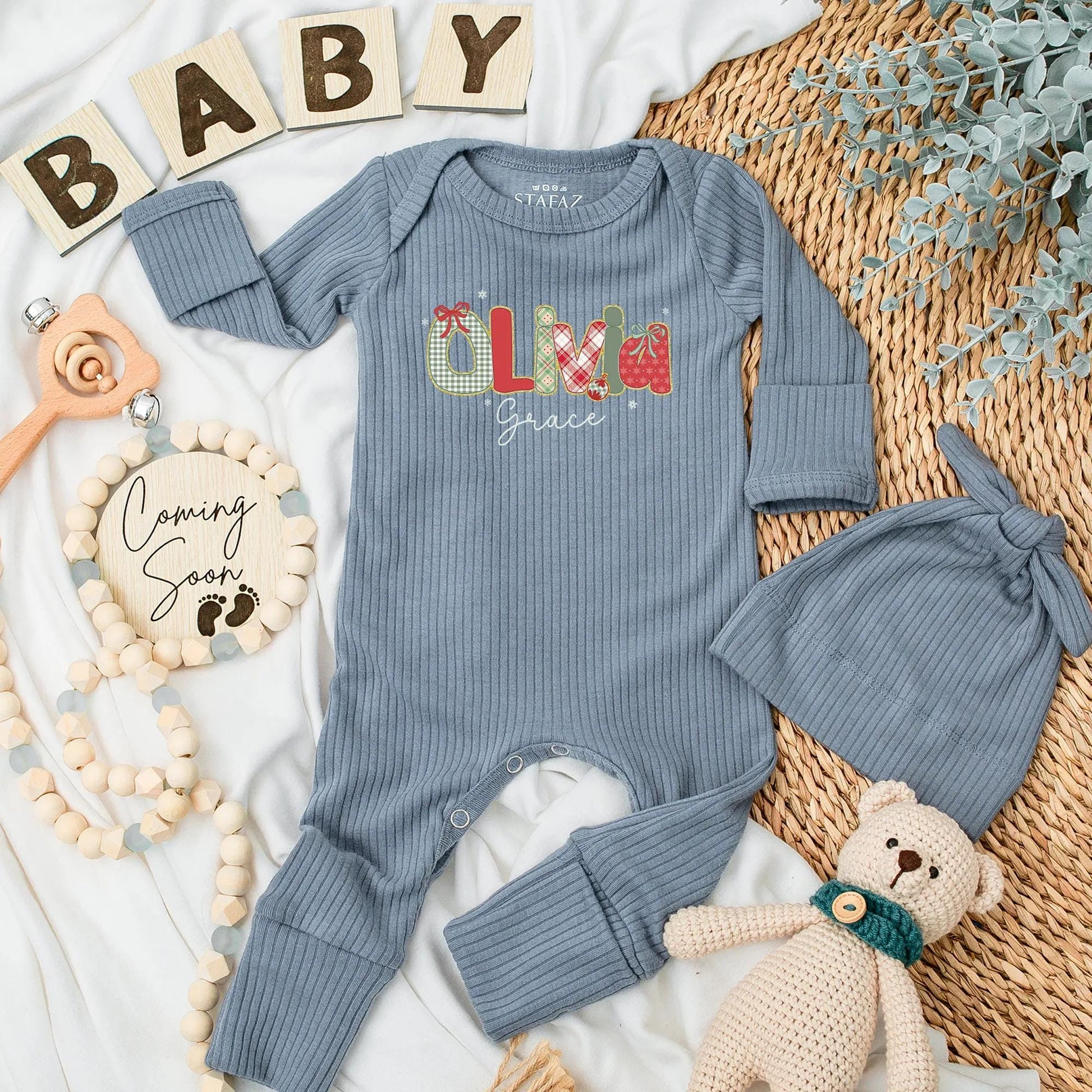Personalized Christmas Baby Bodysuit featuring festive red green patterns like gingham plaid and polka dot letters for a newborn holiday outfit First Christmas gift