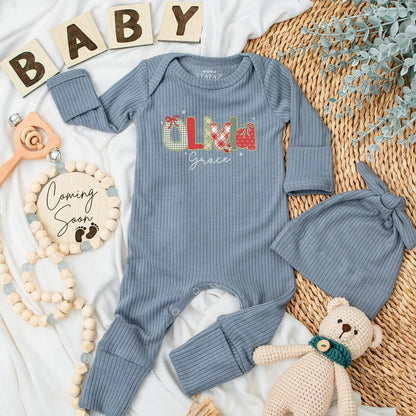 Personalized Christmas Baby Bodysuit featuring festive red green patterns like gingham plaid and polka dot letters for a newborn holiday outfit First Christmas gift