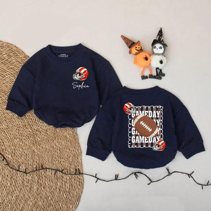 Personalized Baby Football Romper with Name & Game Day Helmet Design, Sporty Red White Cursive Sophia Newborn Toddler Bubble Sweatshirt