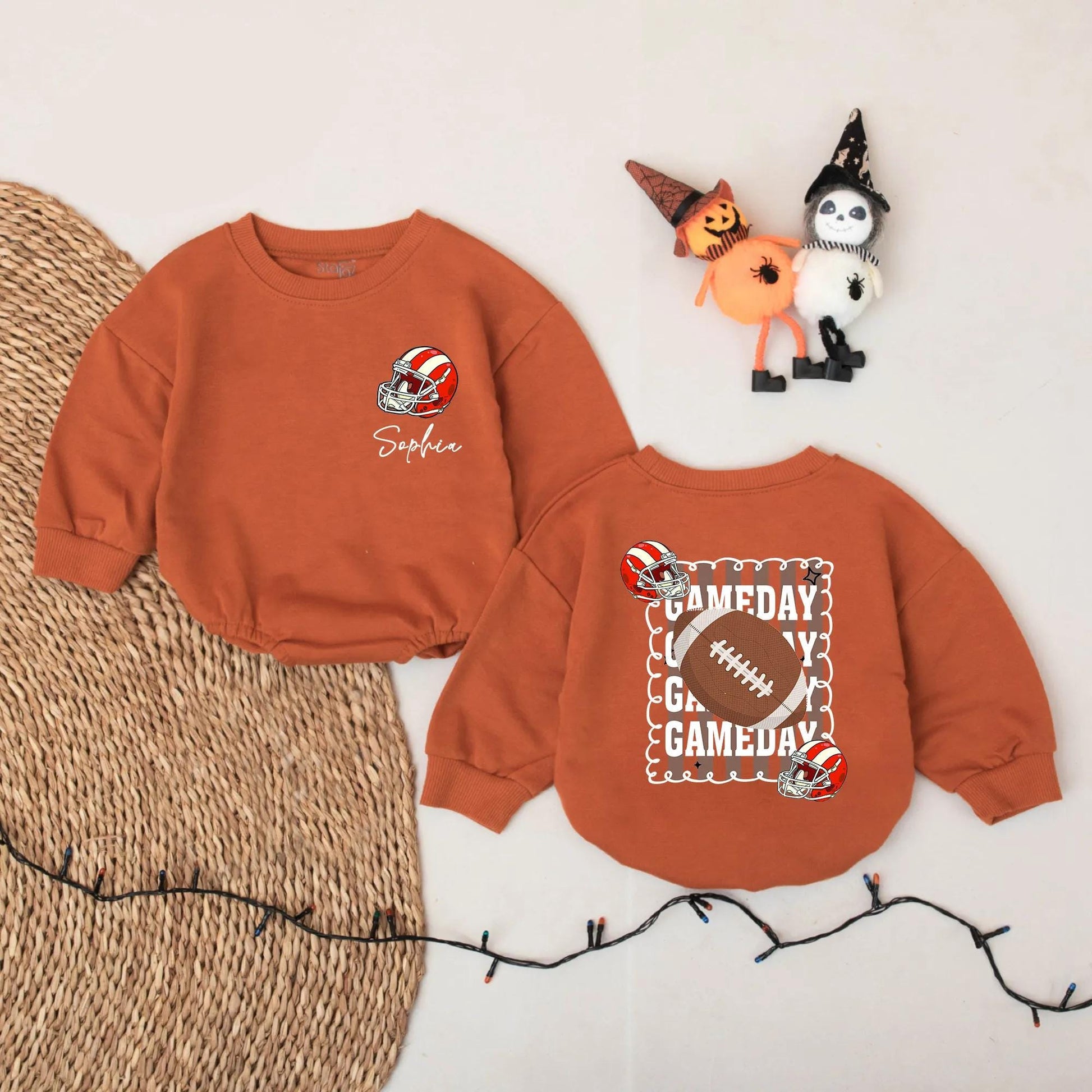 Personalized Baby Football Romper with Name & Game Day Helmet Design, Sporty Red White Cursive Sophia Newborn Toddler Bubble Sweatshirt