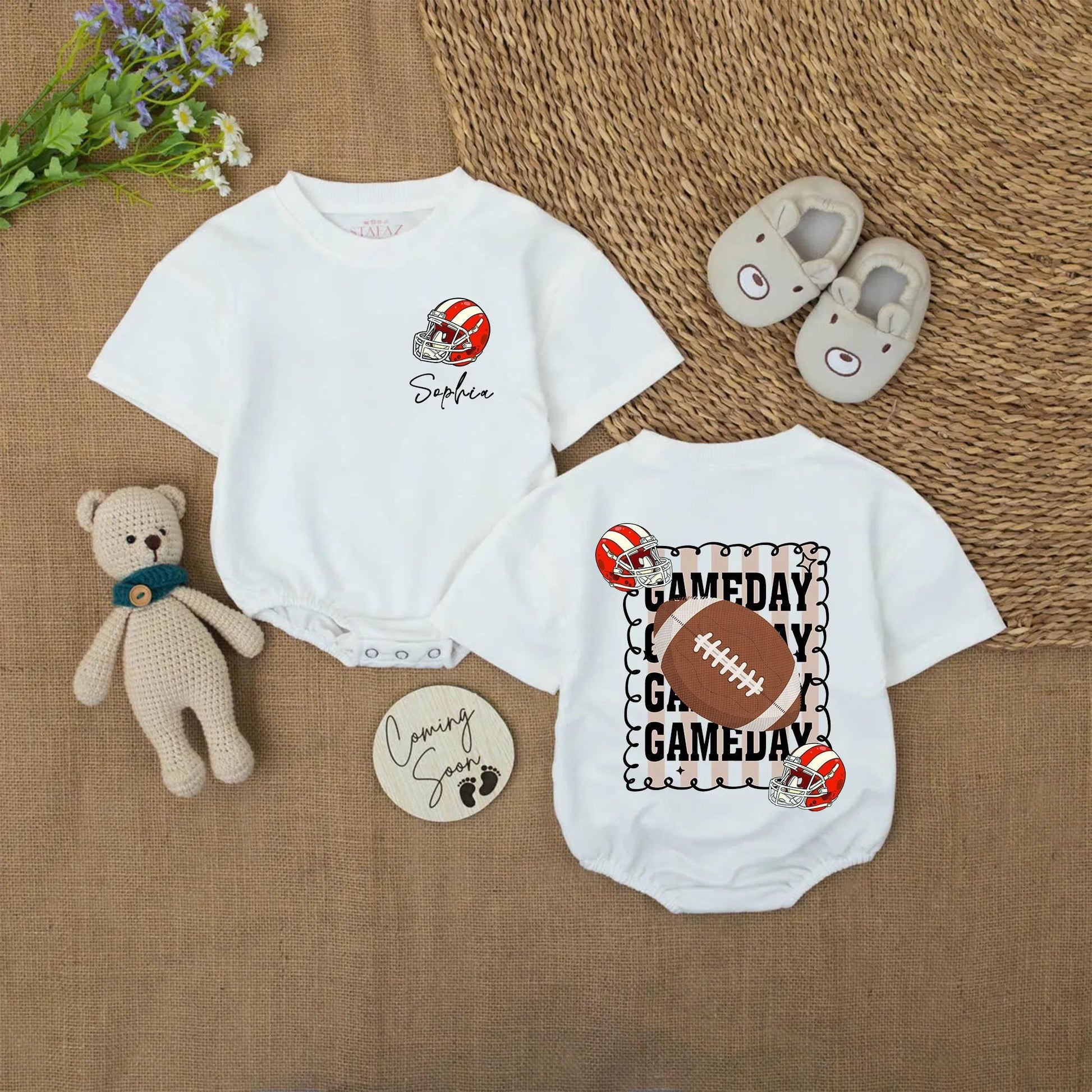 Personalized Baby Football Romper with Name & Game Day Helmet Design, Sporty Red White Cursive Sophia Newborn Toddler Bubble Sweatshirt