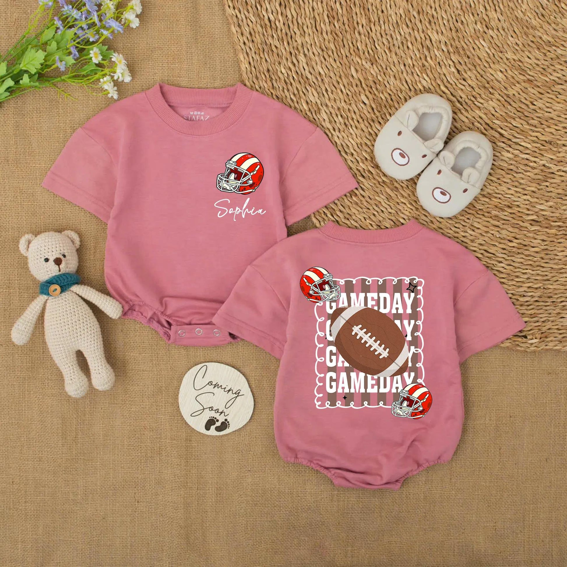 Personalized Baby Football Romper with Name & Game Day Helmet Design, Sporty Red White Cursive Sophia Newborn Toddler Bubble Sweatshirt