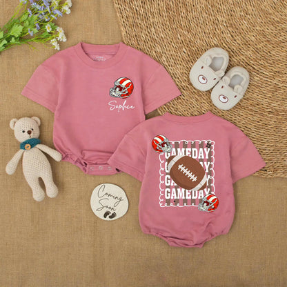 Personalized Baby Football Romper with Name & Game Day Helmet Design, Sporty Red White Cursive Sophia Newborn Toddler Bubble Sweatshirt
