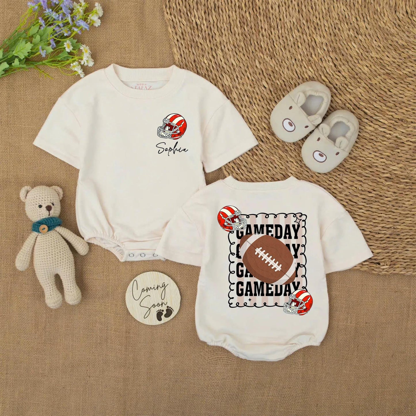 Personalized Baby Football Romper with Name & Game Day Helmet Design, Sporty Red White Cursive Sophia Newborn Toddler Bubble Sweatshirt