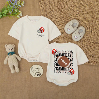 Personalized Baby Football Romper with Name & Game Day Helmet Design, Sporty Red White Cursive Sophia Newborn Toddler Bubble Sweatshirt