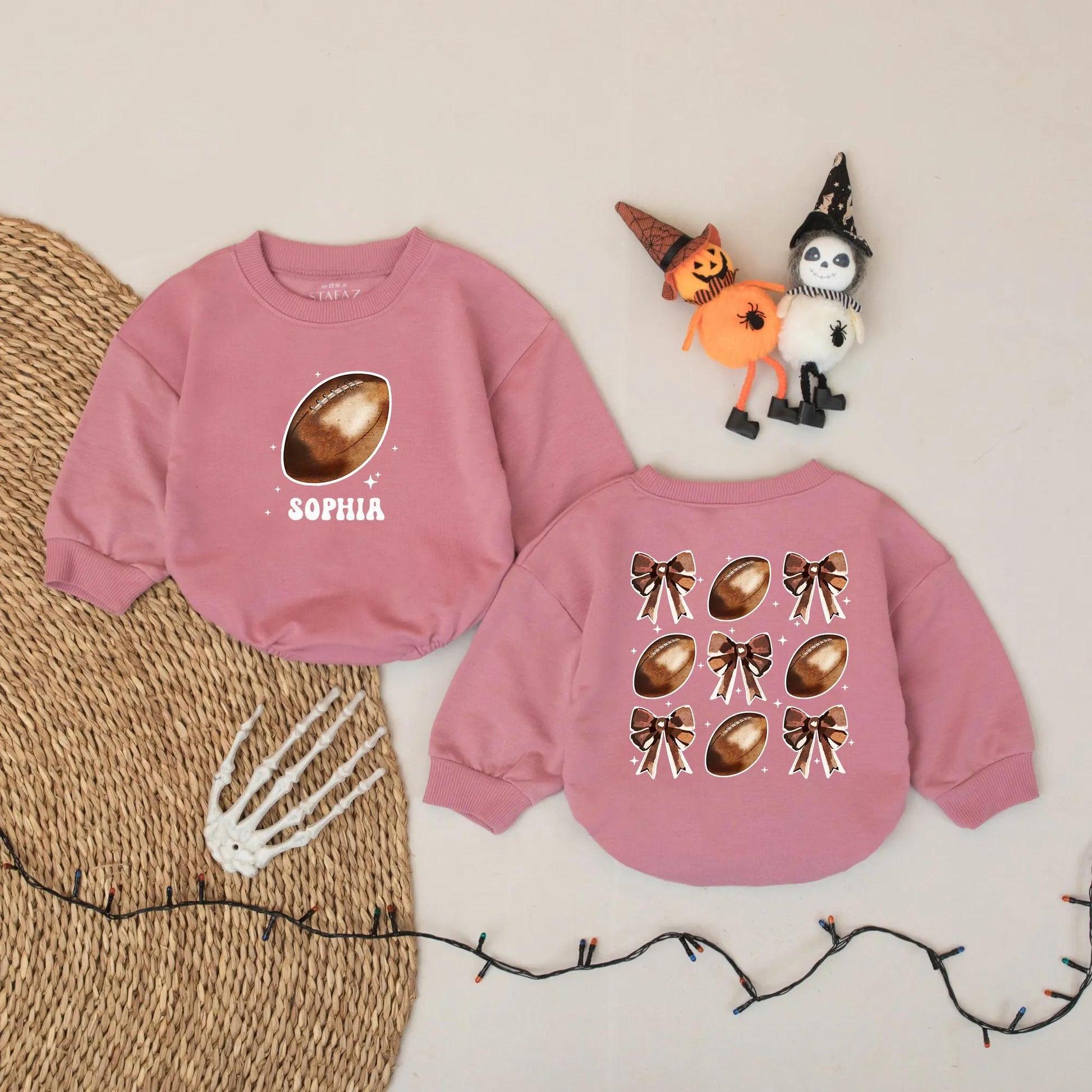 Personalized Baby Girl Football Bows Romper Outfit Cute Game Day Bubble Sweater First Birthday Sport Cheer Season Coquette