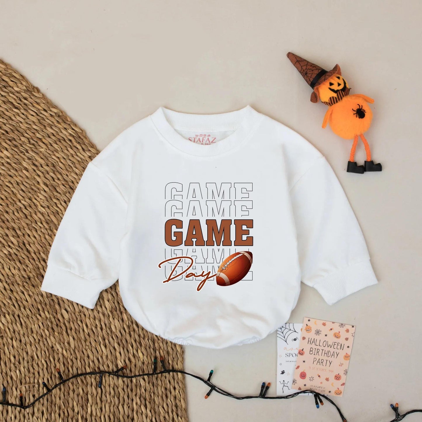 Game Day Football Baby Romper Set - Touchdown Season Outfit, Brown Football Design, Soft Cotton Bodysuit, Football Baby Gift, Adorable Baby Clothes (139 chars)
