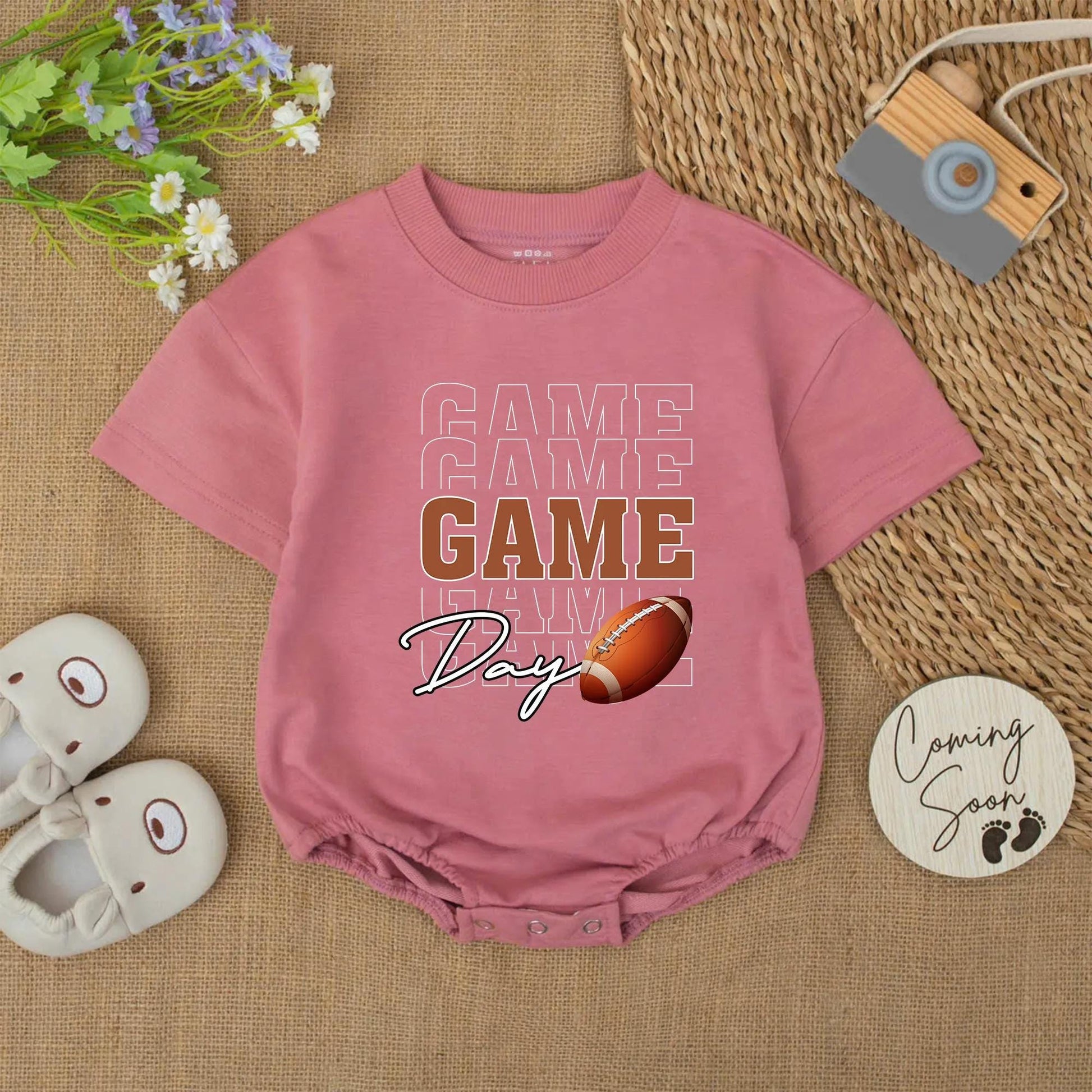 Game Day Football Baby Romper Set - Touchdown Season Outfit, Brown Football Design, Soft Cotton Bodysuit, Football Baby Gift, Adorable Baby Clothes (139 chars)