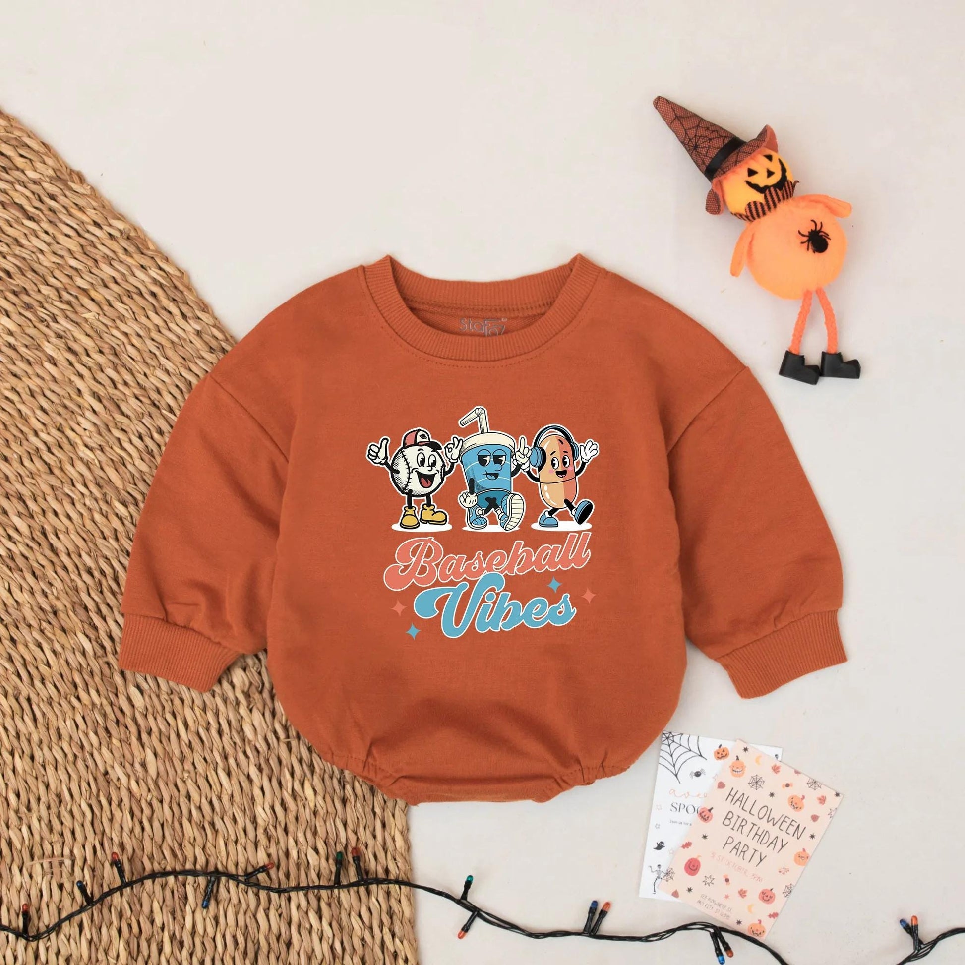 Baseball Vibes Baby Romper: Retro Cartoon Baseball Outfit, Funny Hotdog & Drink Bodysuit, Cute Baseball Gift for Baby Boy, Baseball Season Style (137 chars)