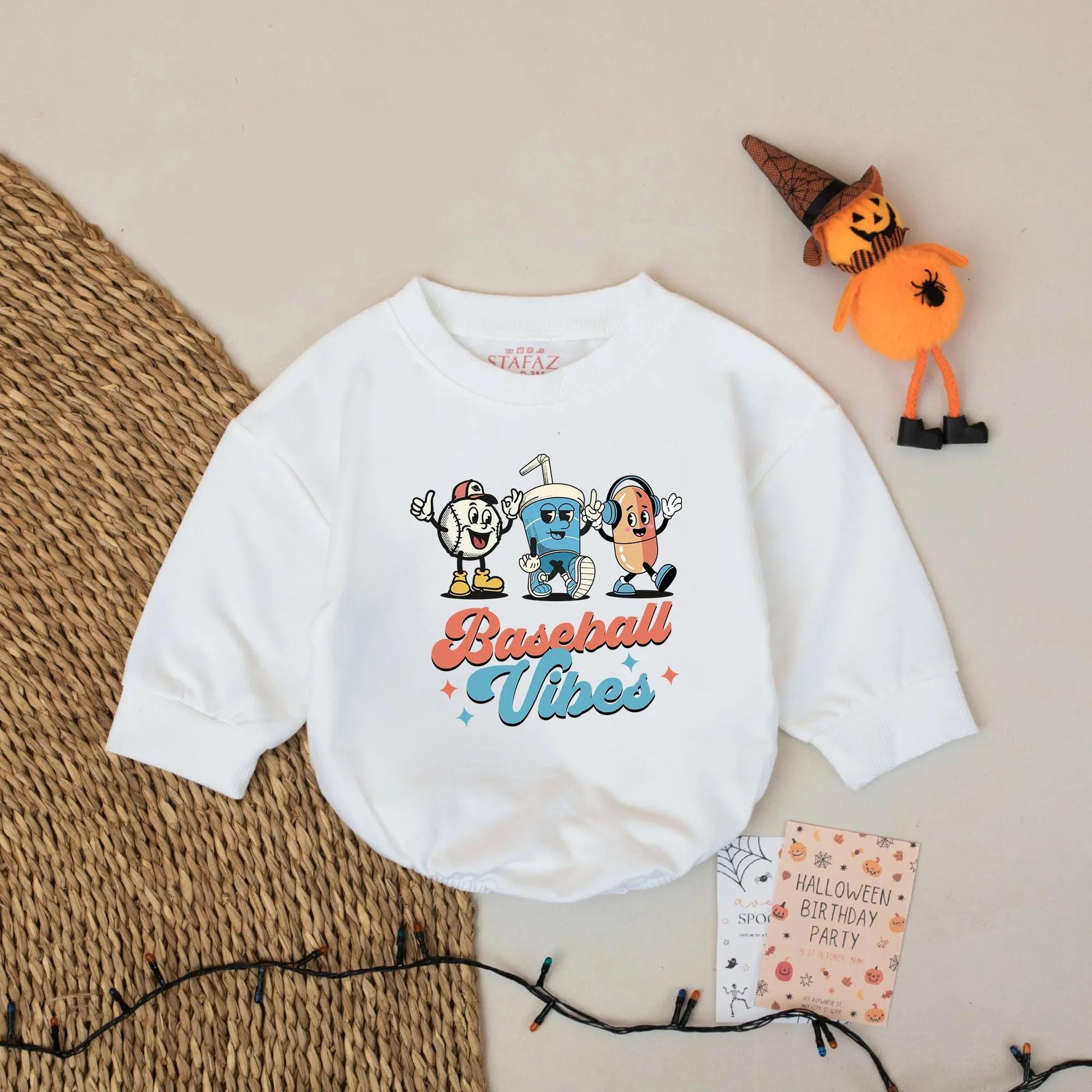 Baseball Vibes Baby Romper: Retro Cartoon Baseball Outfit, Funny Hotdog & Drink Bodysuit, Cute Baseball Gift for Baby Boy, Baseball Season Style (137 chars)