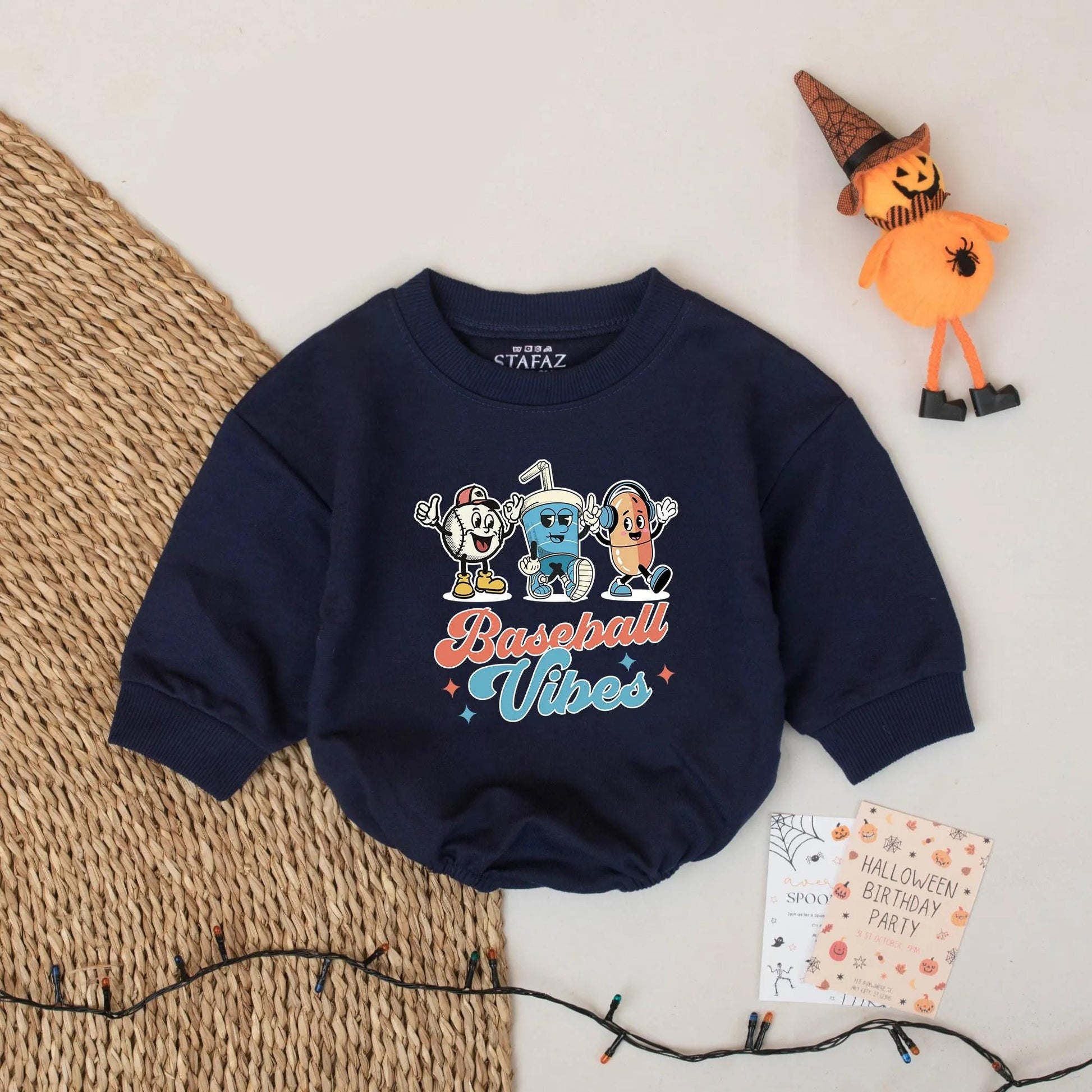 Baseball Vibes Baby Romper: Retro Cartoon Baseball Outfit, Funny Hotdog & Drink Bodysuit, Cute Baseball Gift for Baby Boy, Baseball Season Style (137 chars)