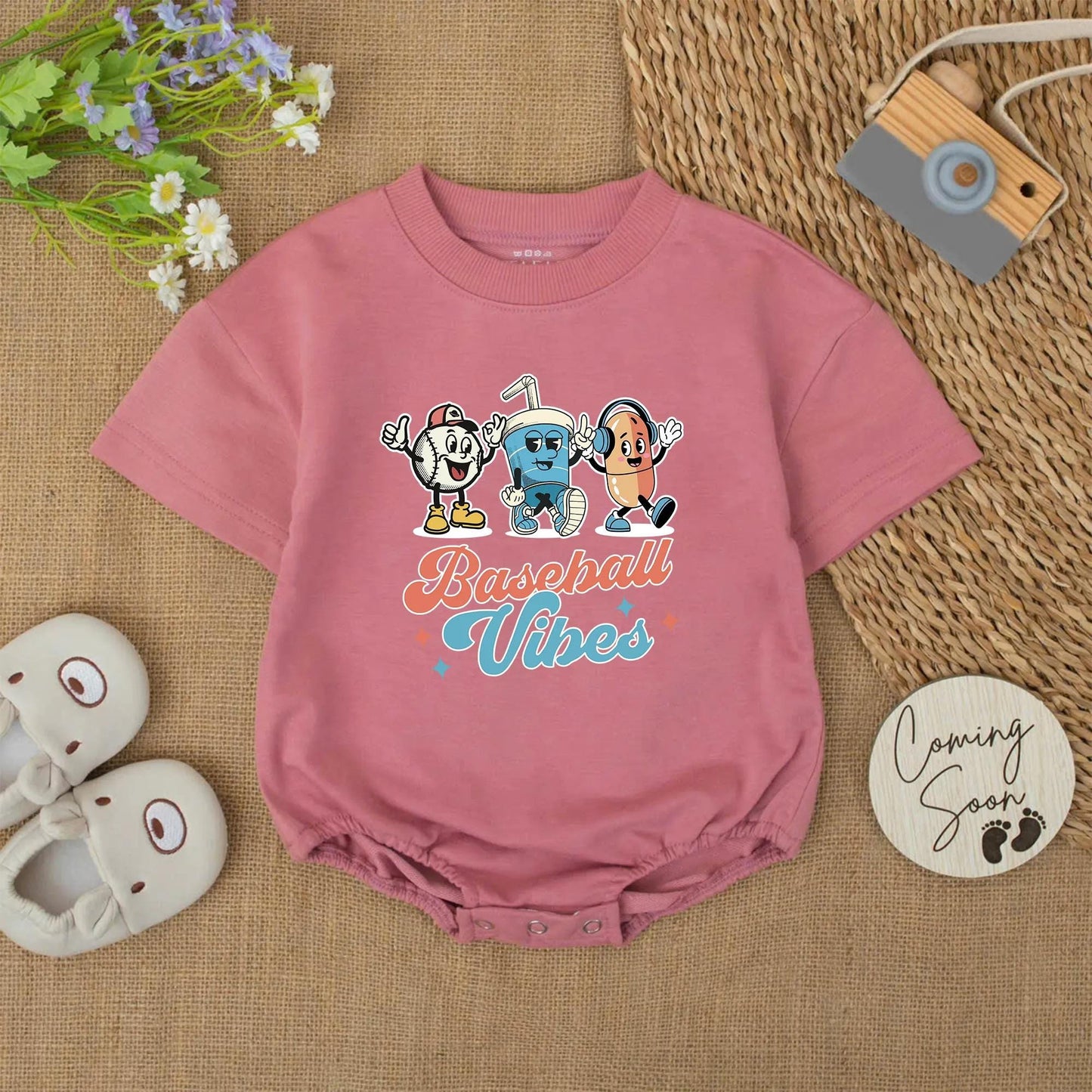 Baseball Vibes Baby Romper: Retro Cartoon Baseball Outfit, Funny Hotdog & Drink Bodysuit, Cute Baseball Gift for Baby Boy, Baseball Season Style (137 chars)
