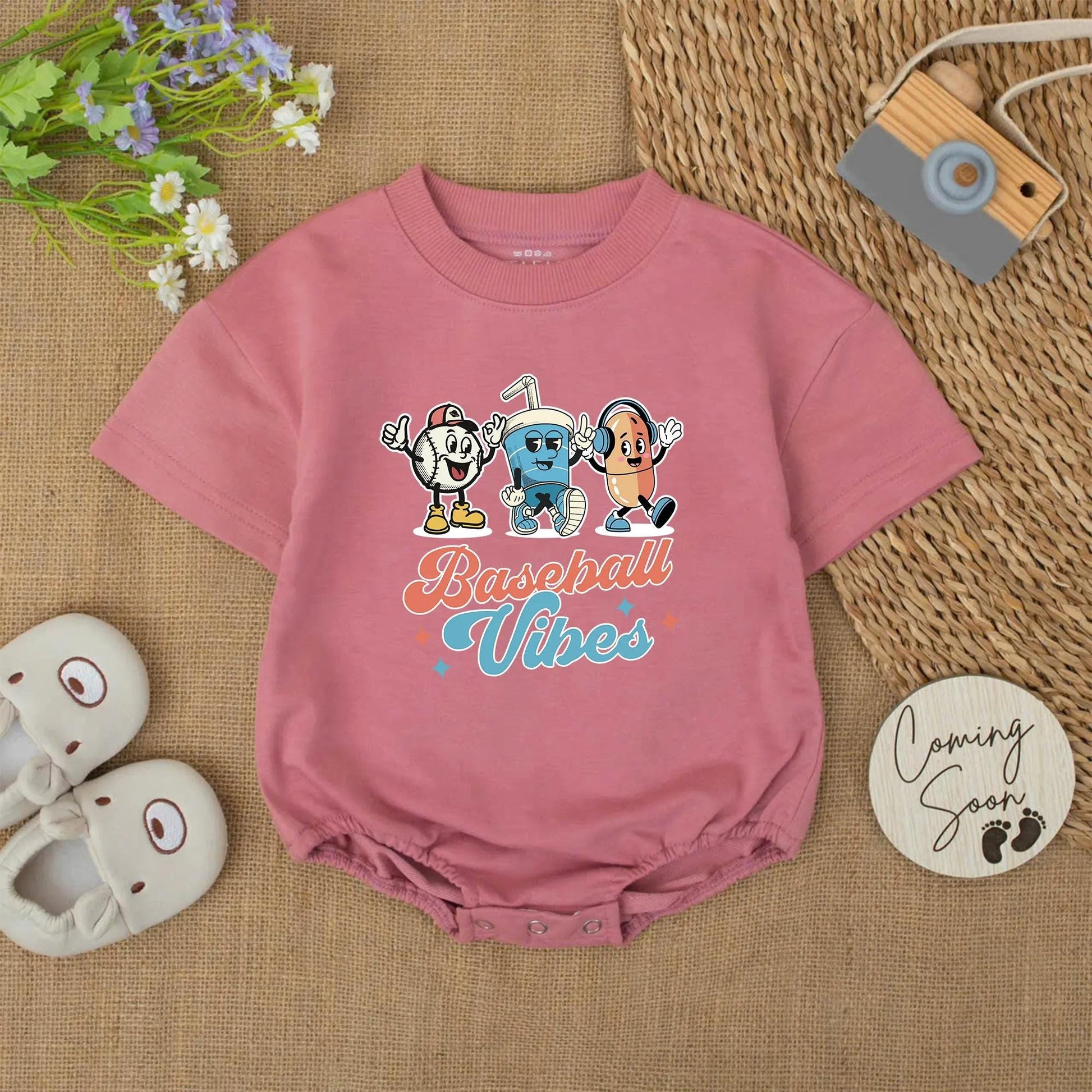 Baseball Vibes Baby Romper: Retro Cartoon Baseball Outfit, Funny Hotdog & Drink Bodysuit, Cute Baseball Gift for Baby Boy, Baseball Season Style (137 chars)