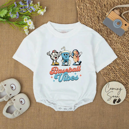 Baseball Vibes Baby Romper: Retro Cartoon Baseball Outfit, Funny Hotdog & Drink Bodysuit, Cute Baseball Gift for Baby Boy, Baseball Season Style (137 chars)