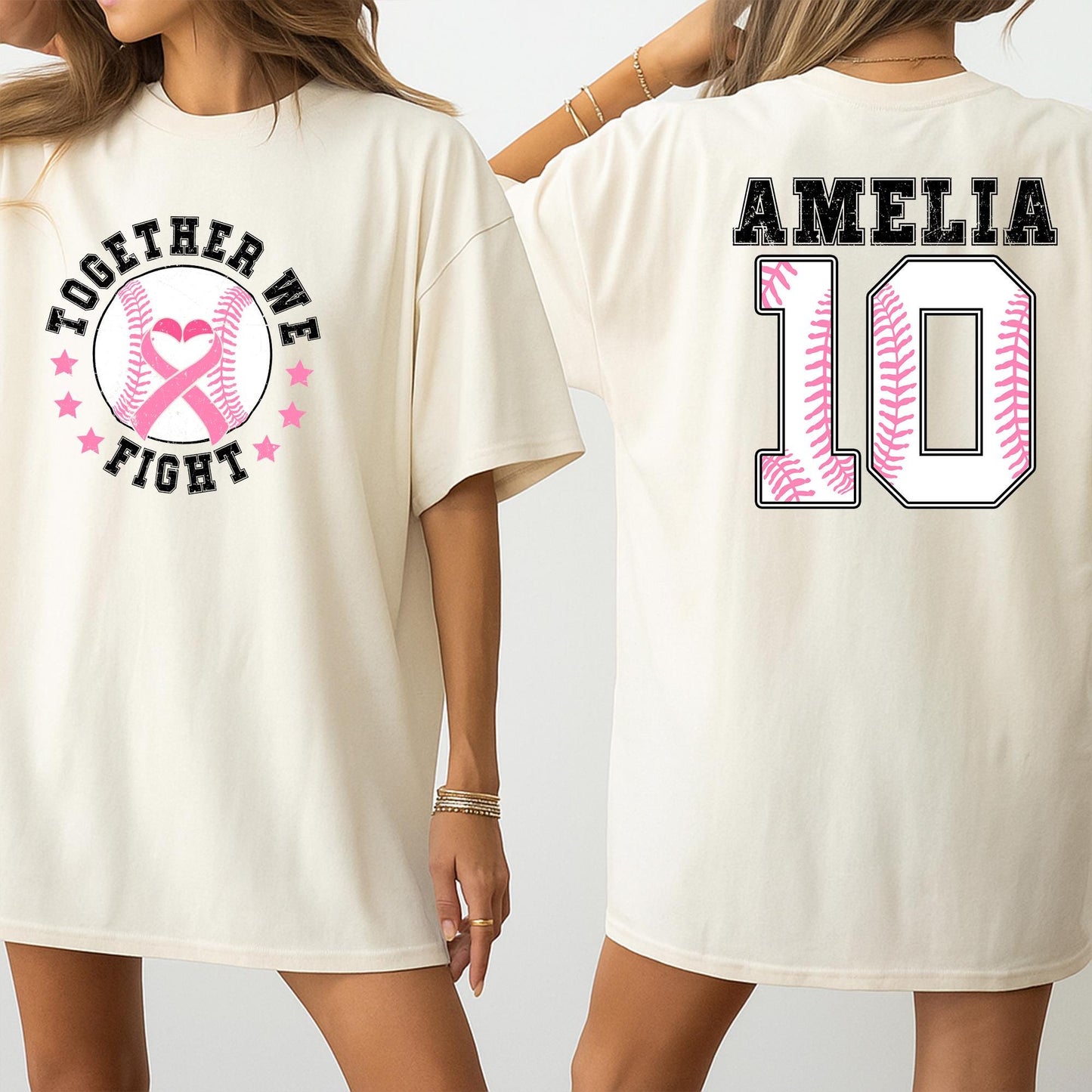 Personalized Name Number Baseball Breast Cancer Awareness Shirt with Pink Ribbon Heart Together We Fight Design Distressed Vintage Style Support Tee