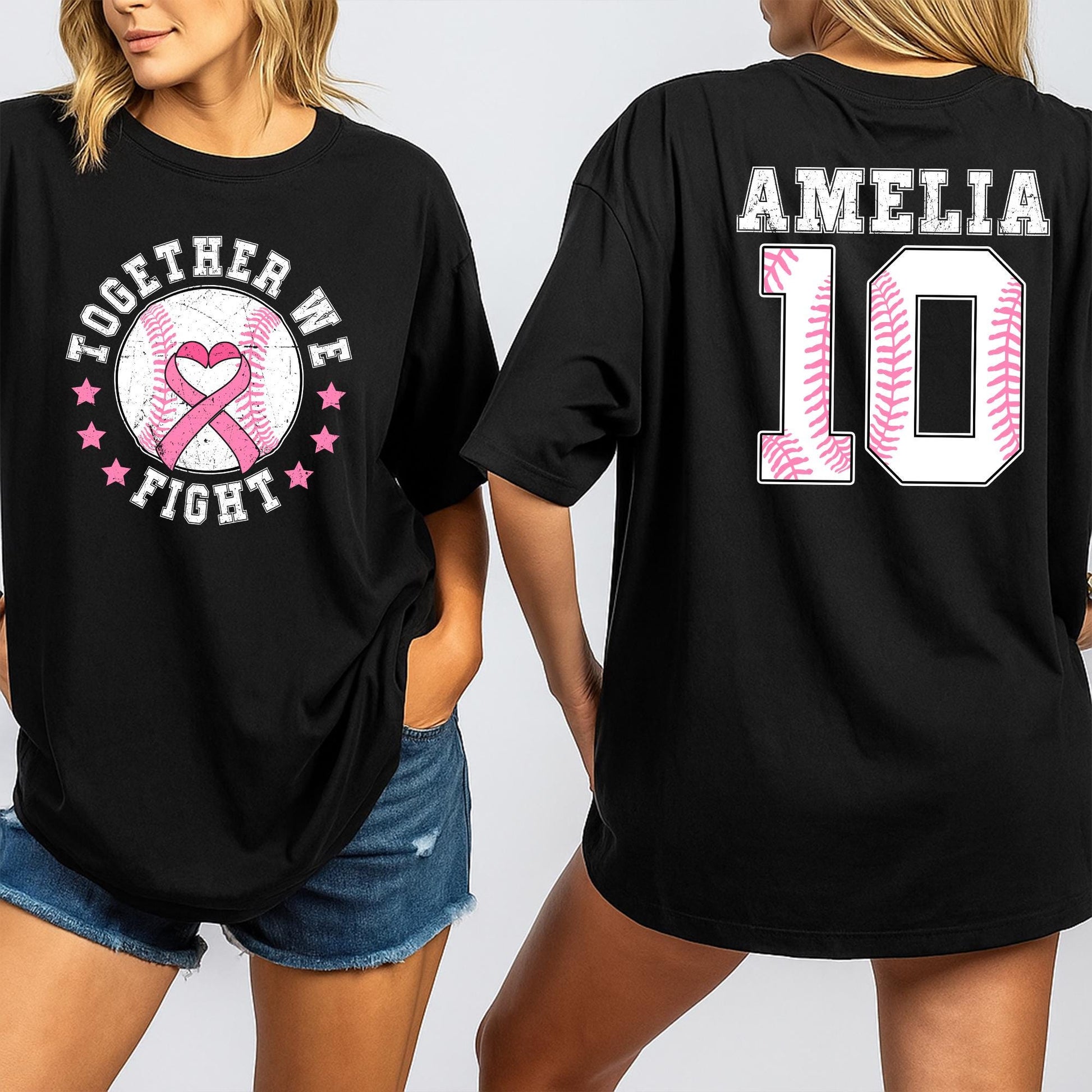 Personalized Name Number Baseball Breast Cancer Awareness Shirt with Pink Ribbon Heart Together We Fight Design Distressed Vintage Style Support Tee