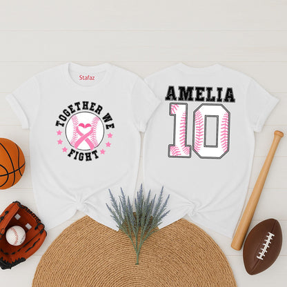 Personalized Name Number Baseball Breast Cancer Awareness Shirt with Pink Ribbon Heart Together We Fight Design Distressed Vintage Style Support Tee