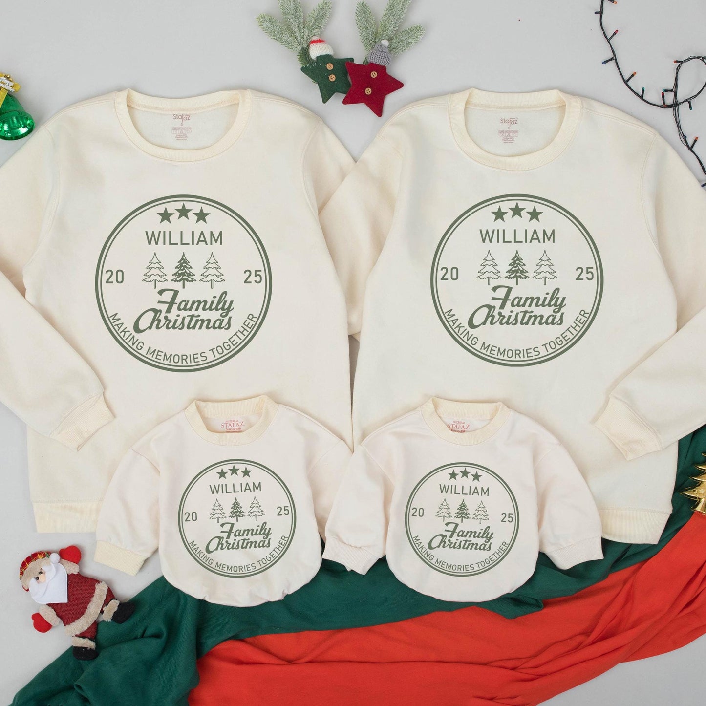 Matching Family Christmas Sweatshirts: Custom Olive Green Circle Design with Family Name & Trees 2025 Cotton Sweaters
