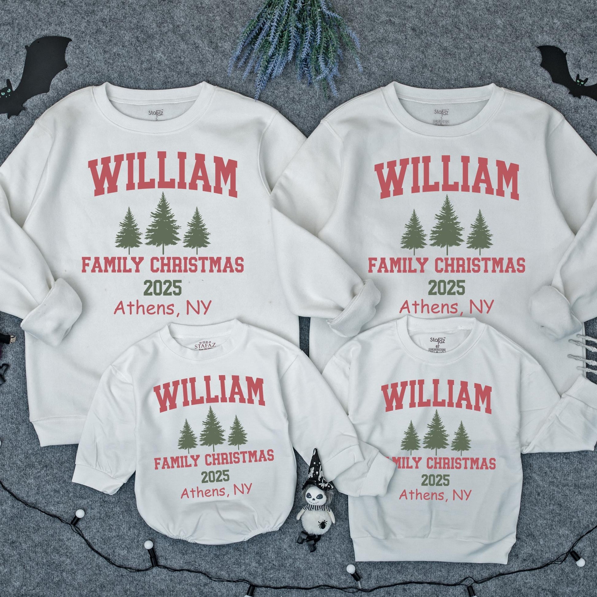 Personalized Matching Family Christmas Sweatshirt Romper Set for Mom Baby WILLIAM 2025 Athens NY Collegiate Pine Tree Cotton Holiday Apparel