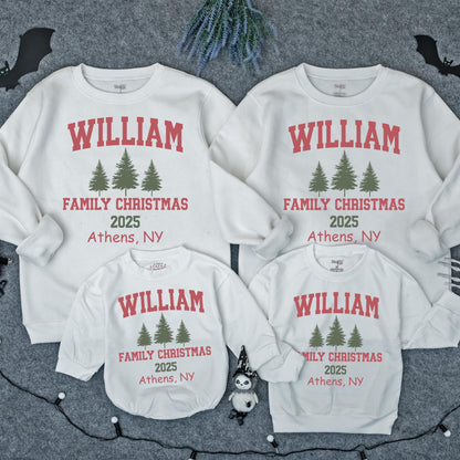 Personalized Matching Family Christmas Sweatshirt Romper Set for Mom Baby WILLIAM 2025 Athens NY Collegiate Pine Tree Cotton Holiday Apparel