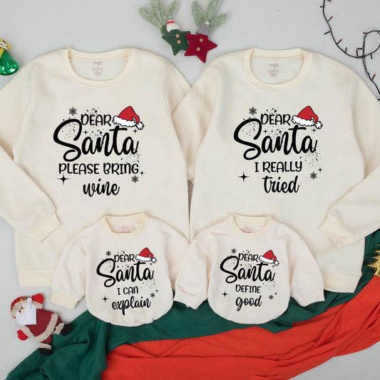 Funny Matching Family Dear Santa Christmas Sweatshirts with playful holiday quotes and festive Santa hat designs for cozy gatherings