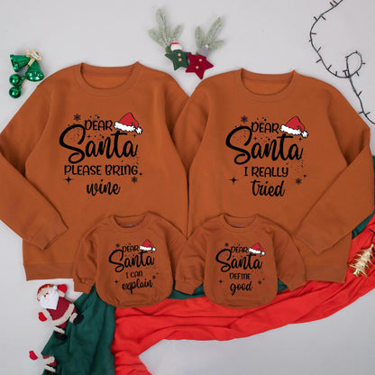 Funny Matching Family Dear Santa Christmas Sweatshirts with playful holiday quotes and festive Santa hat designs for cozy gatherings