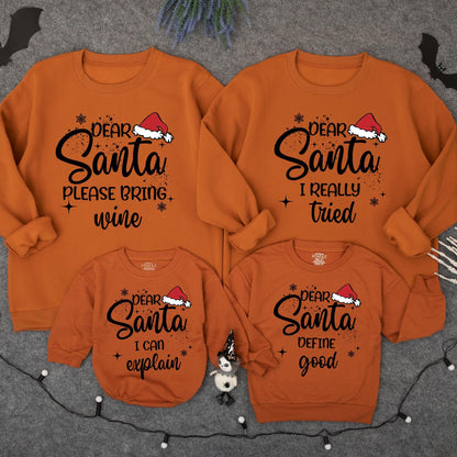 Funny Matching Family Dear Santa Christmas Sweatshirts with playful holiday quotes and festive Santa hat designs for cozy gatherings