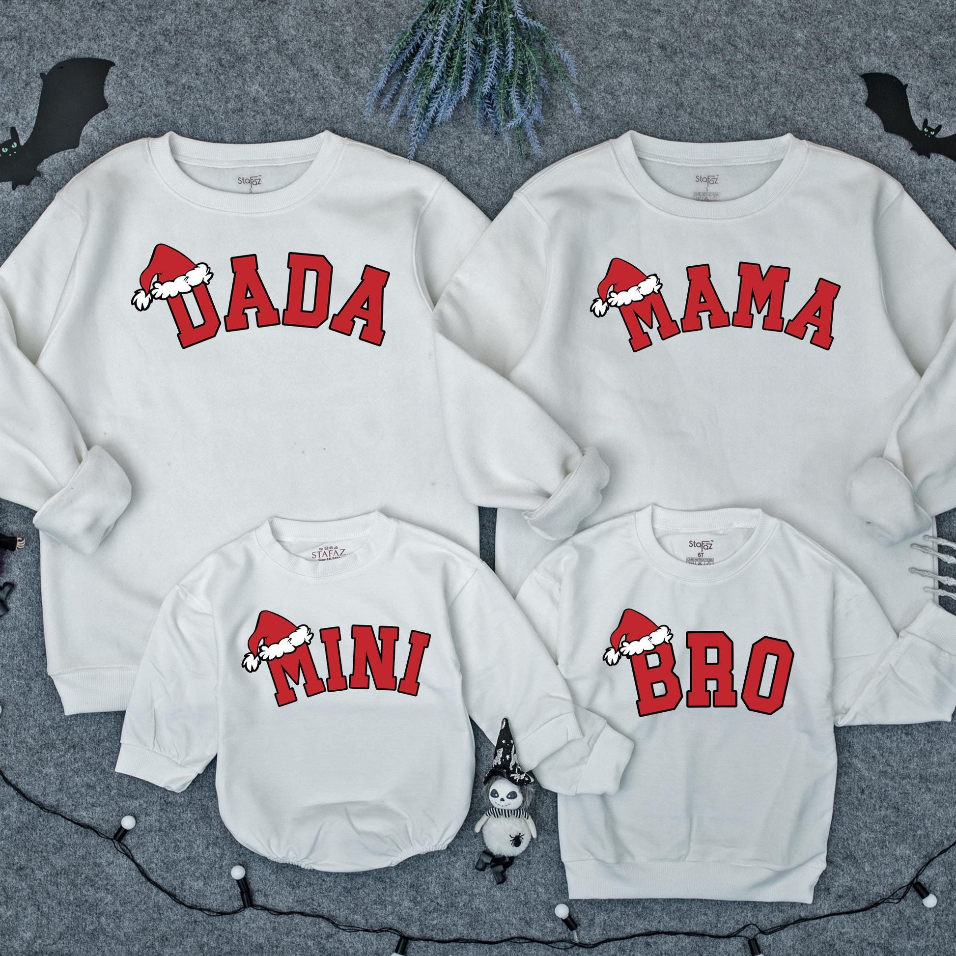 Festive Matching Family Christmas Sweatshirts featuring Dada Mama Mini Bro Santa Hat Designs Holiday Pajama Tops for Kids Baby Adults Cozy