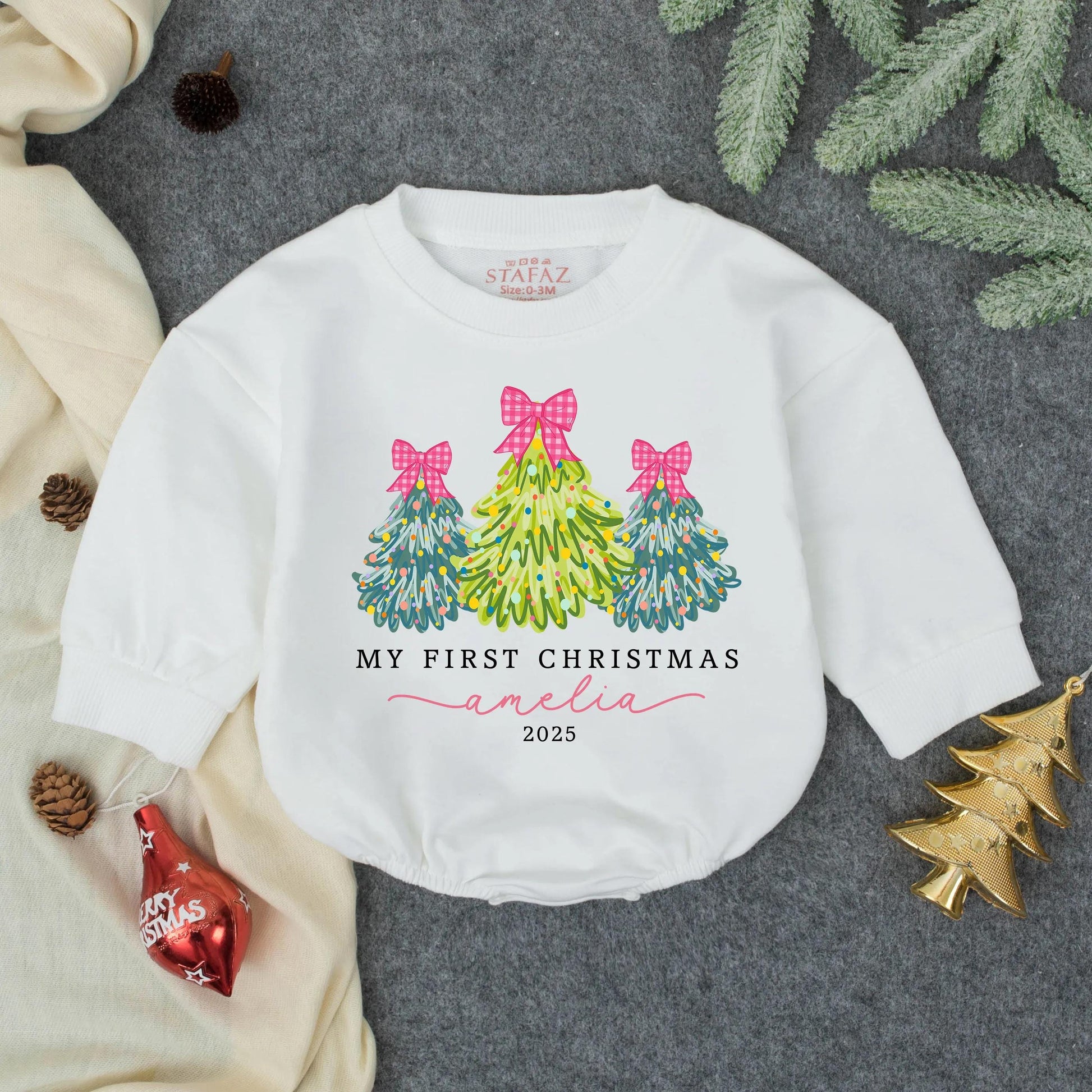 Personalized My First Christmas Bubble Romper for Baby Girl Pink Bow Christmas Tree Outfit 2025 Whimsical Watercolor Infant Toddler Festive Clothes