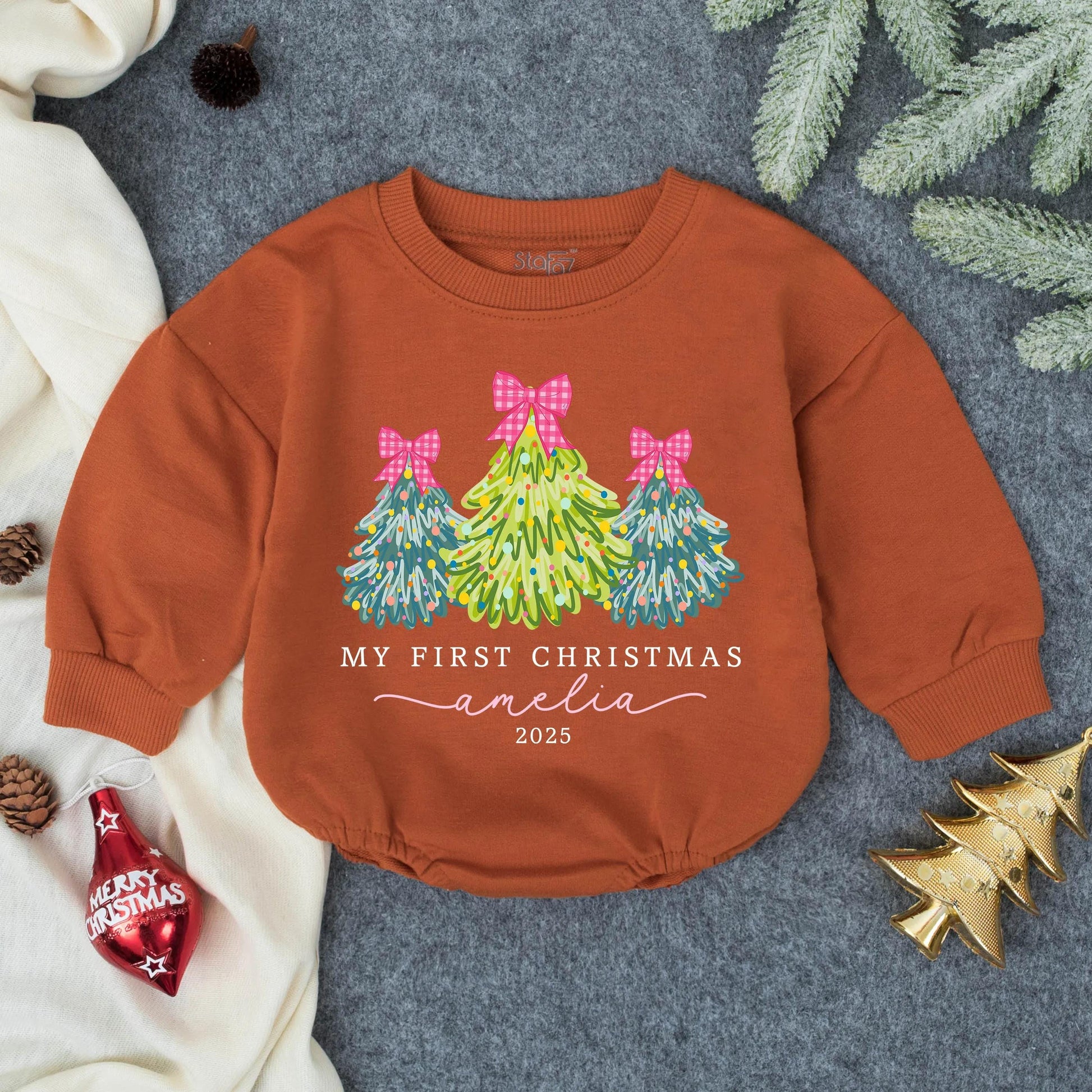 Personalized My First Christmas Bubble Romper for Baby Girl Pink Bow Christmas Tree Outfit 2025 Whimsical Watercolor Infant Toddler Festive Clothes