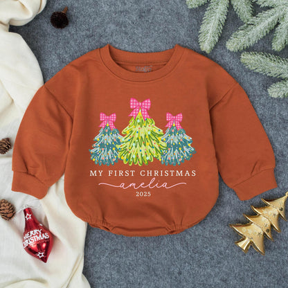 Personalized My First Christmas Bubble Romper for Baby Girl Pink Bow Christmas Tree Outfit 2025 Whimsical Watercolor Infant Toddler Festive Clothes