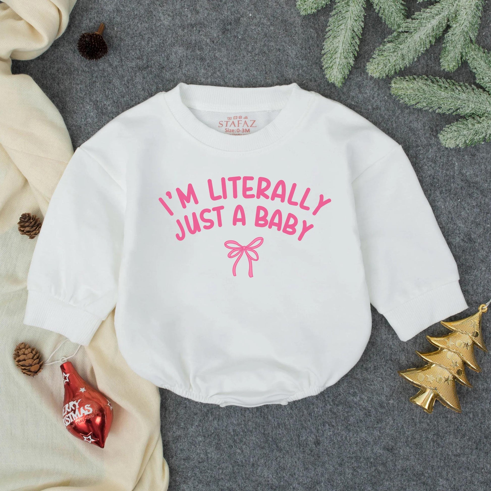 I'm Literally Just a Baby Bubble Romper Funny Gender Neutral Infant Outfit Cute Pink Ribbon Design Minimalist Newborn Clothes Gift