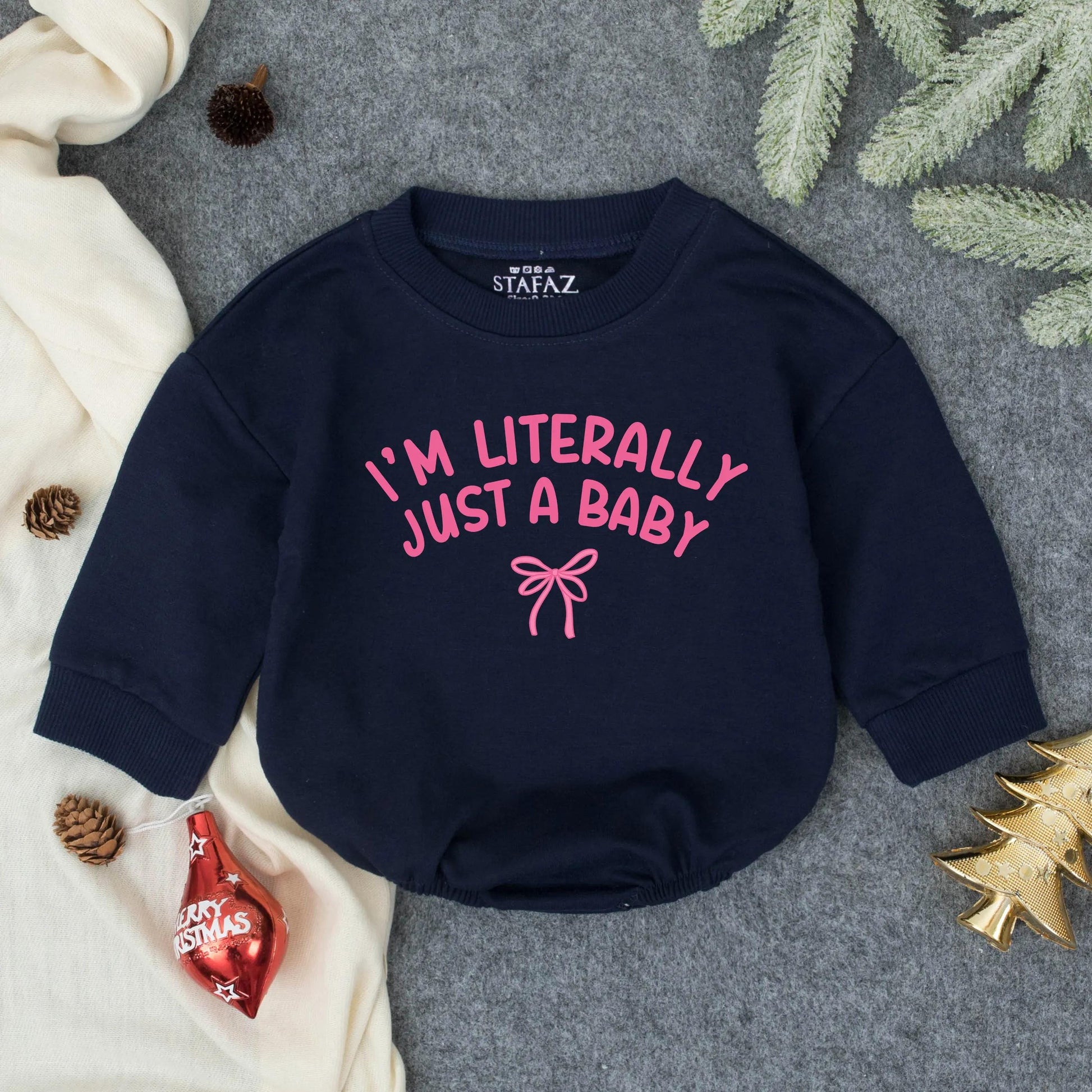 I'm Literally Just a Baby Bubble Romper Funny Gender Neutral Infant Outfit Cute Pink Ribbon Design Minimalist Newborn Clothes Gift