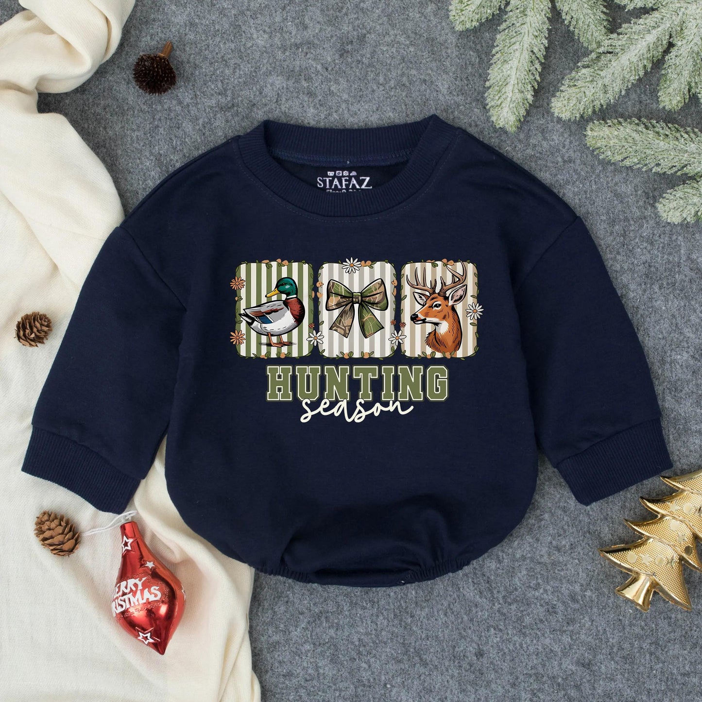 Hunting Season Romper: Camo Bow & Duck, Deer Cartoon Design for Baby Girl, Toddler Fall Outfit Clothes, Hunting Buddy Style, Outdoor Adventure Cute! (139)