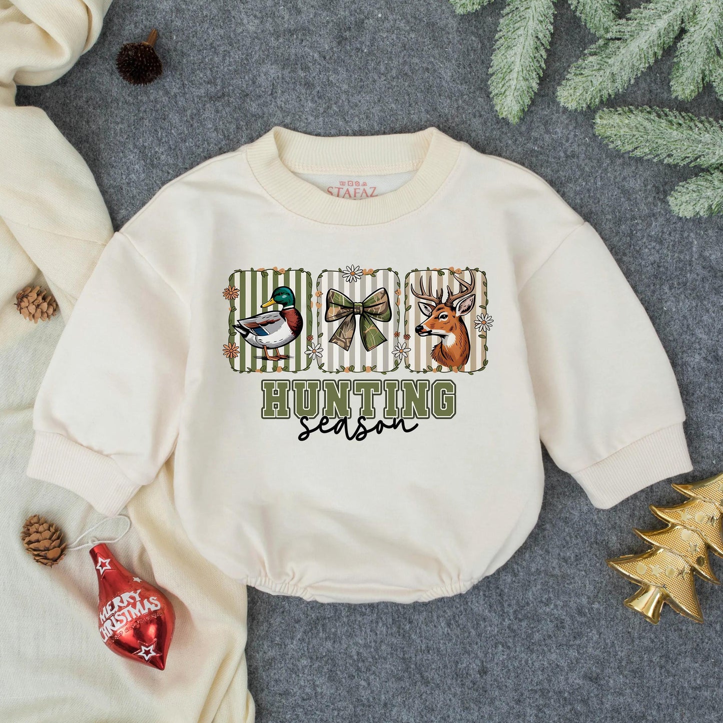 Hunting Season Romper: Camo Bow & Duck, Deer Cartoon Design for Baby Girl, Toddler Fall Outfit Clothes, Hunting Buddy Style, Outdoor Adventure Cute! (139)