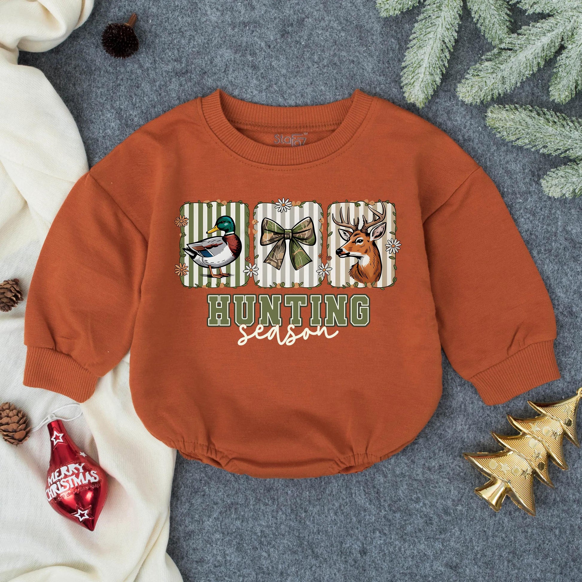 Hunting Season Romper: Camo Bow & Duck, Deer Cartoon Design for Baby Girl, Toddler Fall Outfit Clothes, Hunting Buddy Style, Outdoor Adventure Cute! (139)