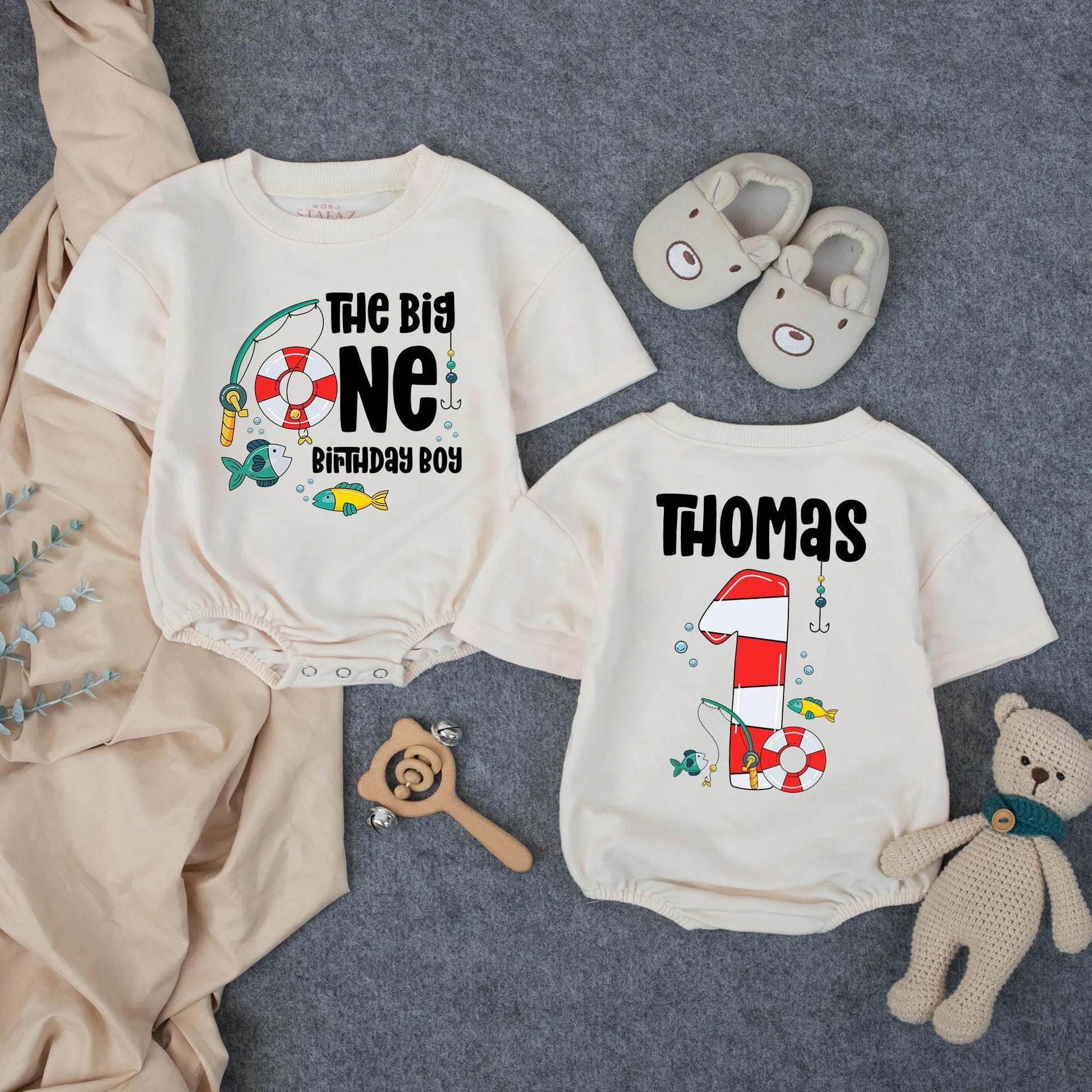 Personalized The Big One Fishing Boy 1st Birthday Romper Outfit, Toddler Fisherman Clothes, Custom Thomas, Fishing Party Theme
