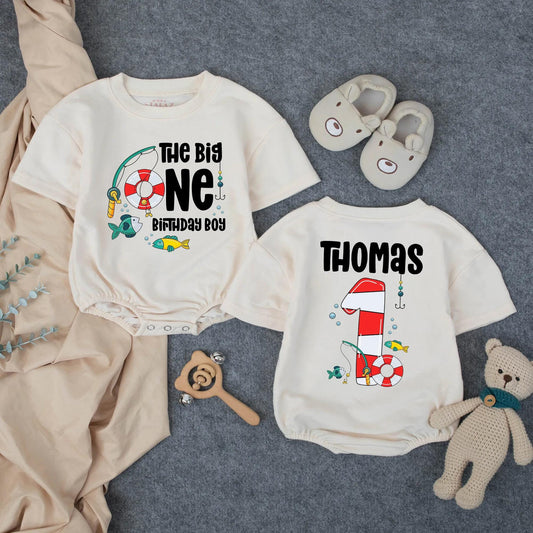 Personalized The Big One Fishing Boy 1st Birthday Romper Outfit, Toddler Fisherman Clothes, Custom Thomas, Fishing Party Theme