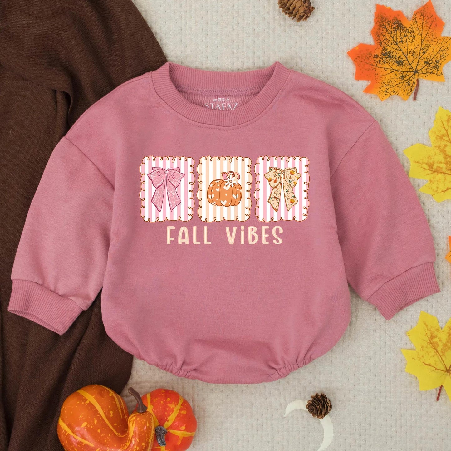 Cozy Fall Pumpkin Bow Bubble Romper Cute Baby Toddler Thanksgiving Outfit with adorable pumpkin bow, perfect autumn baby shower gift for little ones