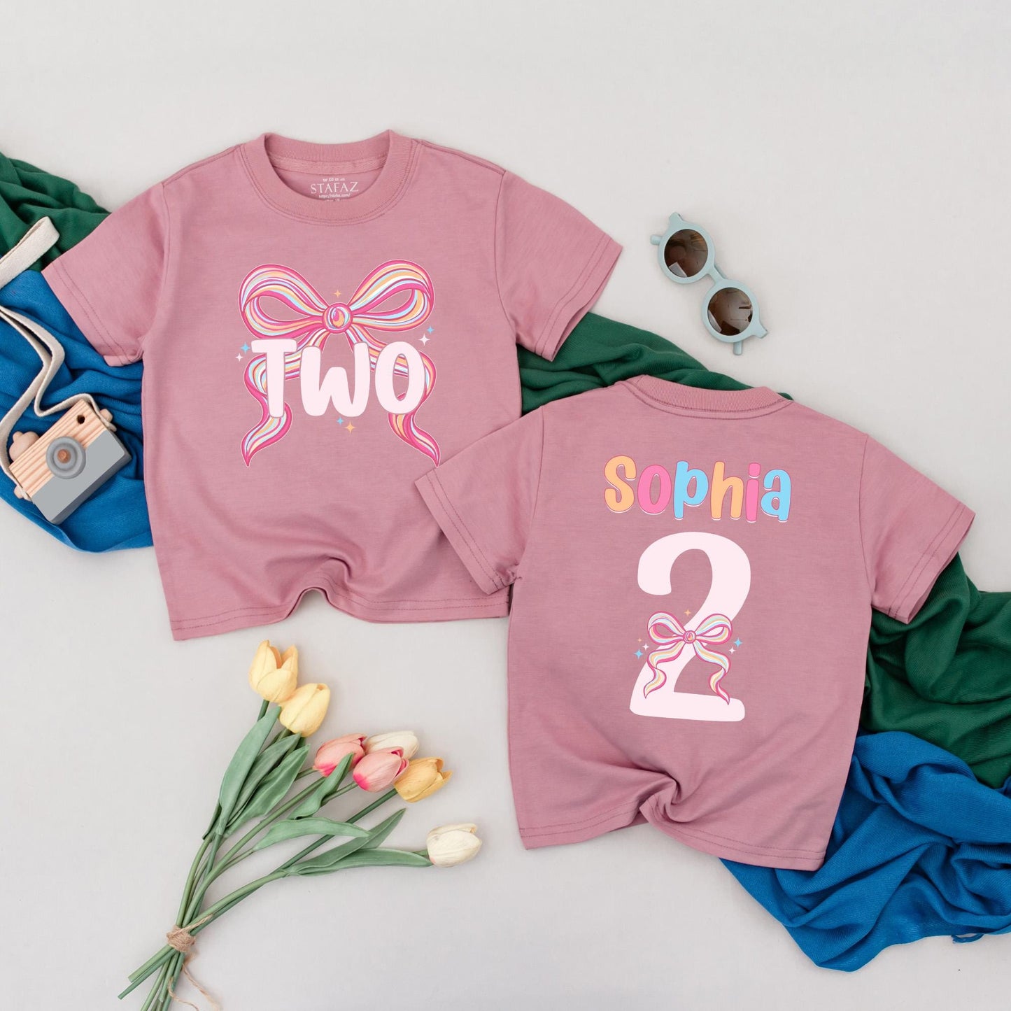 Sophia's Colorful Bow Personalized Two Birthday Girl T-Shirt Toddler Baby Celebration Outfit Pink Yellow Blue Party Gift Second Birthday Tee