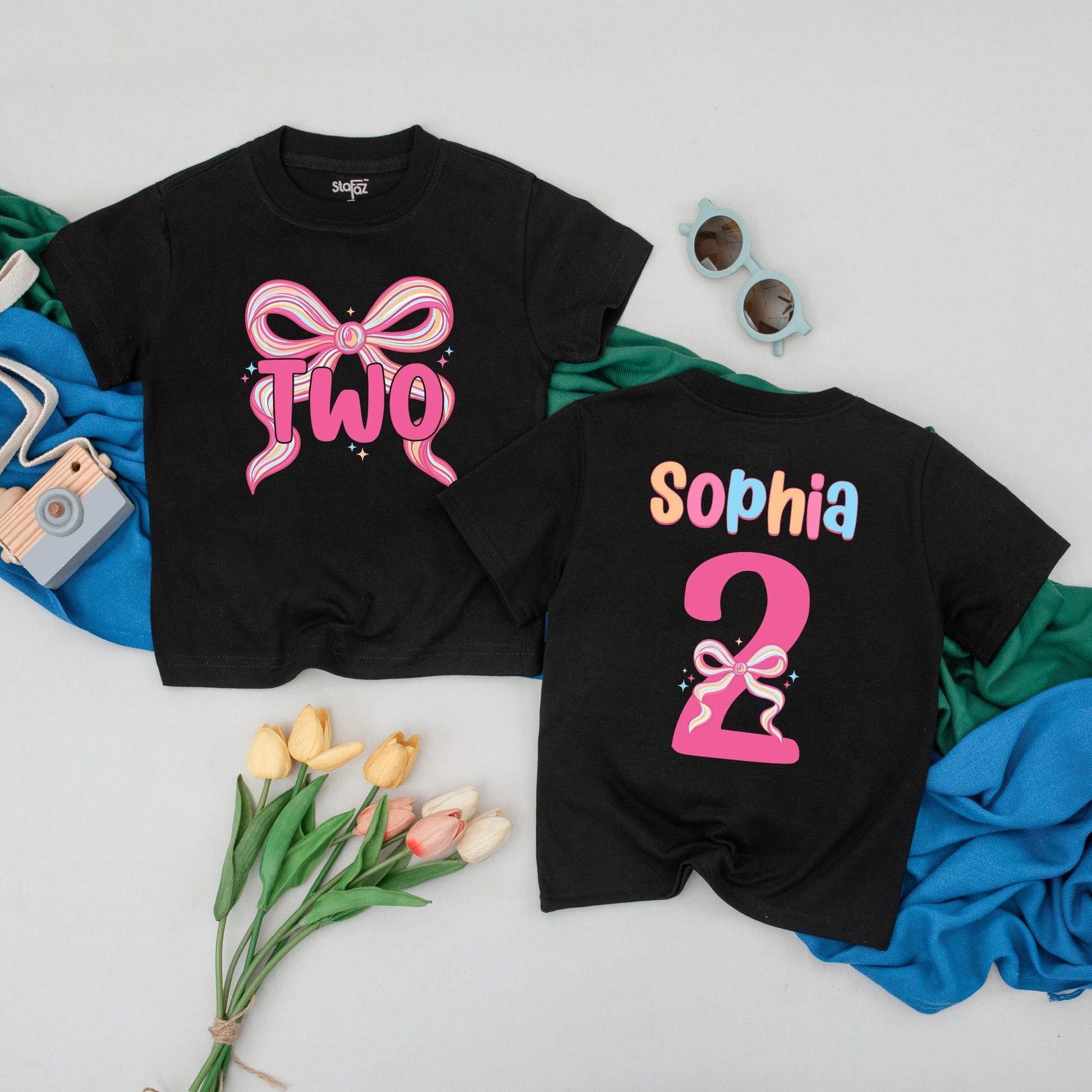 Sophia's Colorful Bow Personalized Two Birthday Girl T-Shirt Toddler Baby Celebration Outfit Pink Yellow Blue Party Gift Second Birthday Tee
