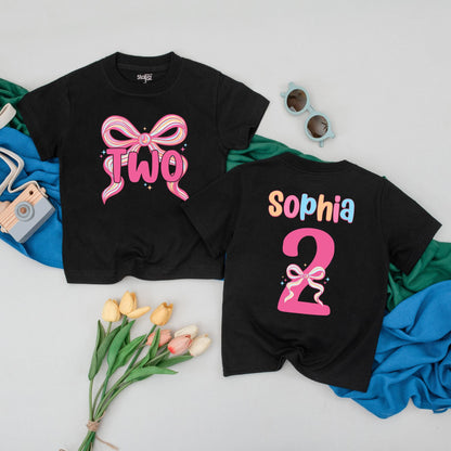 Sophia's Colorful Bow Personalized Two Birthday Girl T-Shirt Toddler Baby Celebration Outfit Pink Yellow Blue Party Gift Second Birthday Tee