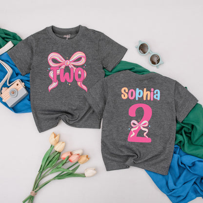 Sophia's Colorful Bow Personalized Two Birthday Girl T-Shirt Toddler Baby Celebration Outfit Pink Yellow Blue Party Gift Second Birthday Tee