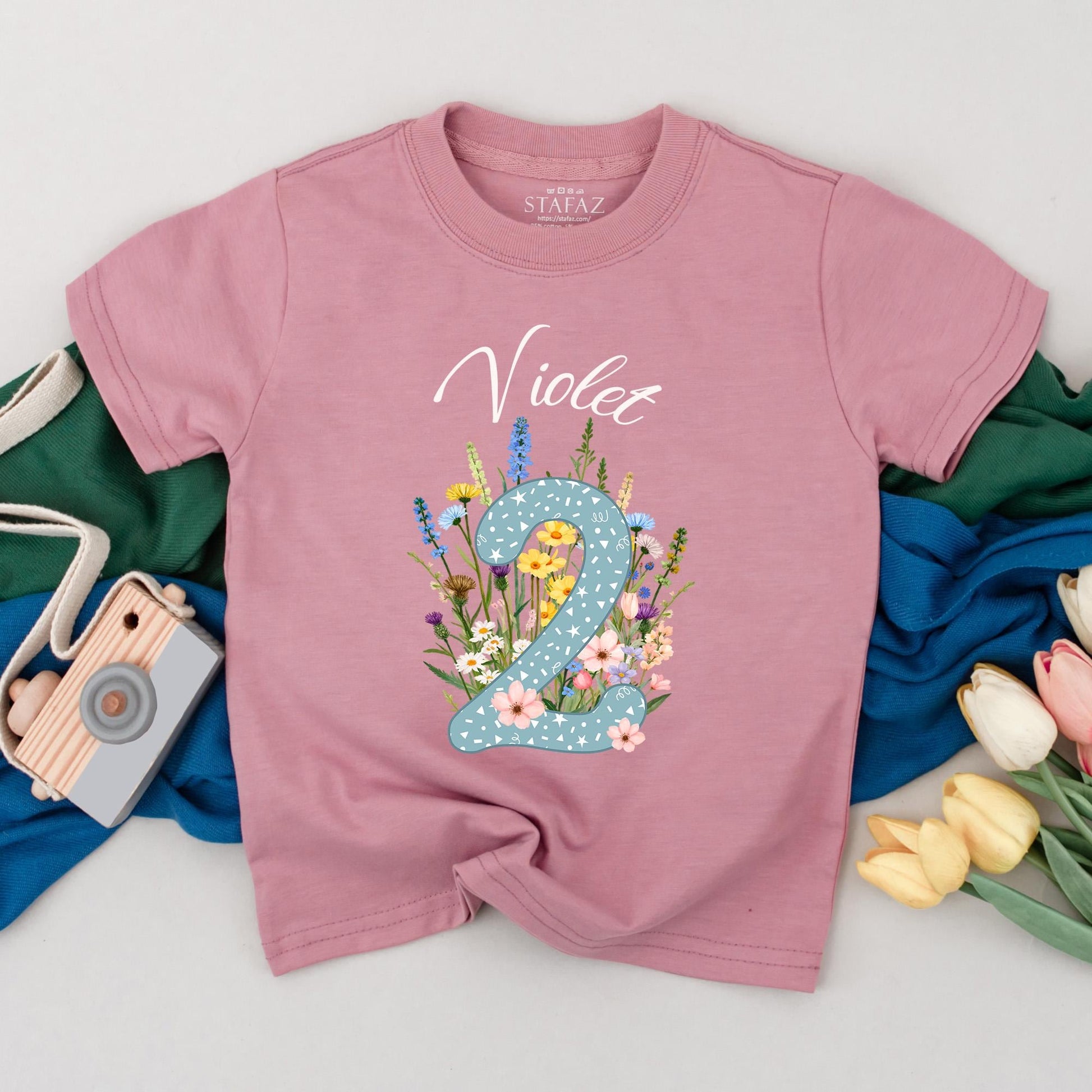 Personalized Violet Wildflower Two Birthday T-Shirt for Girls, Floral 2nd Birthday Party Toddler Outfit with Starry Blue Number 2 and Whimsical Blooms Cotton Comfortable Gift Idea