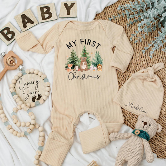 My First Christmas Baby Bodysuit with Cute Animal & Christmas Tree Design, Newborn Xmas Gift, Custom Name Option, Baby Shower Present