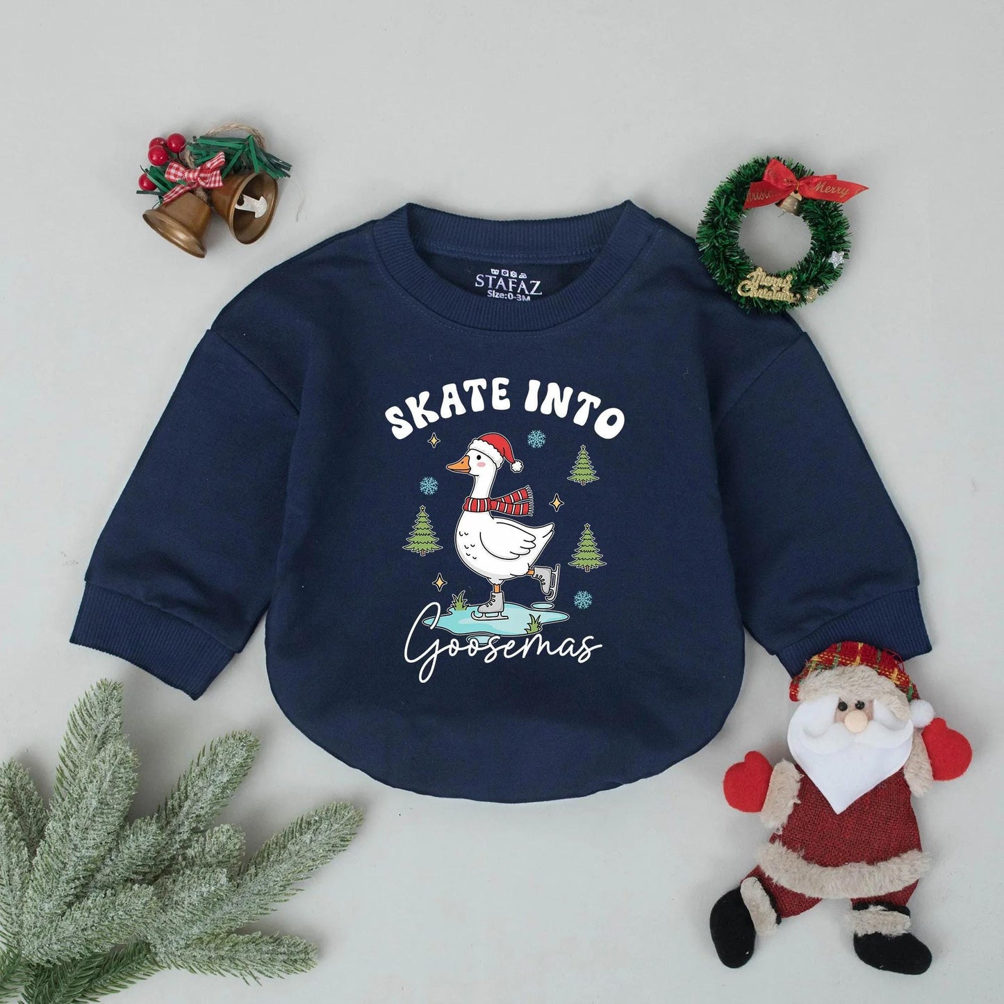 Whimsical Goose Ice Skating Bubble Romper Baby Toddler Christmas Outfit Green Blue Gold Festive Holiday Party Favor Cute Goosemas Gift